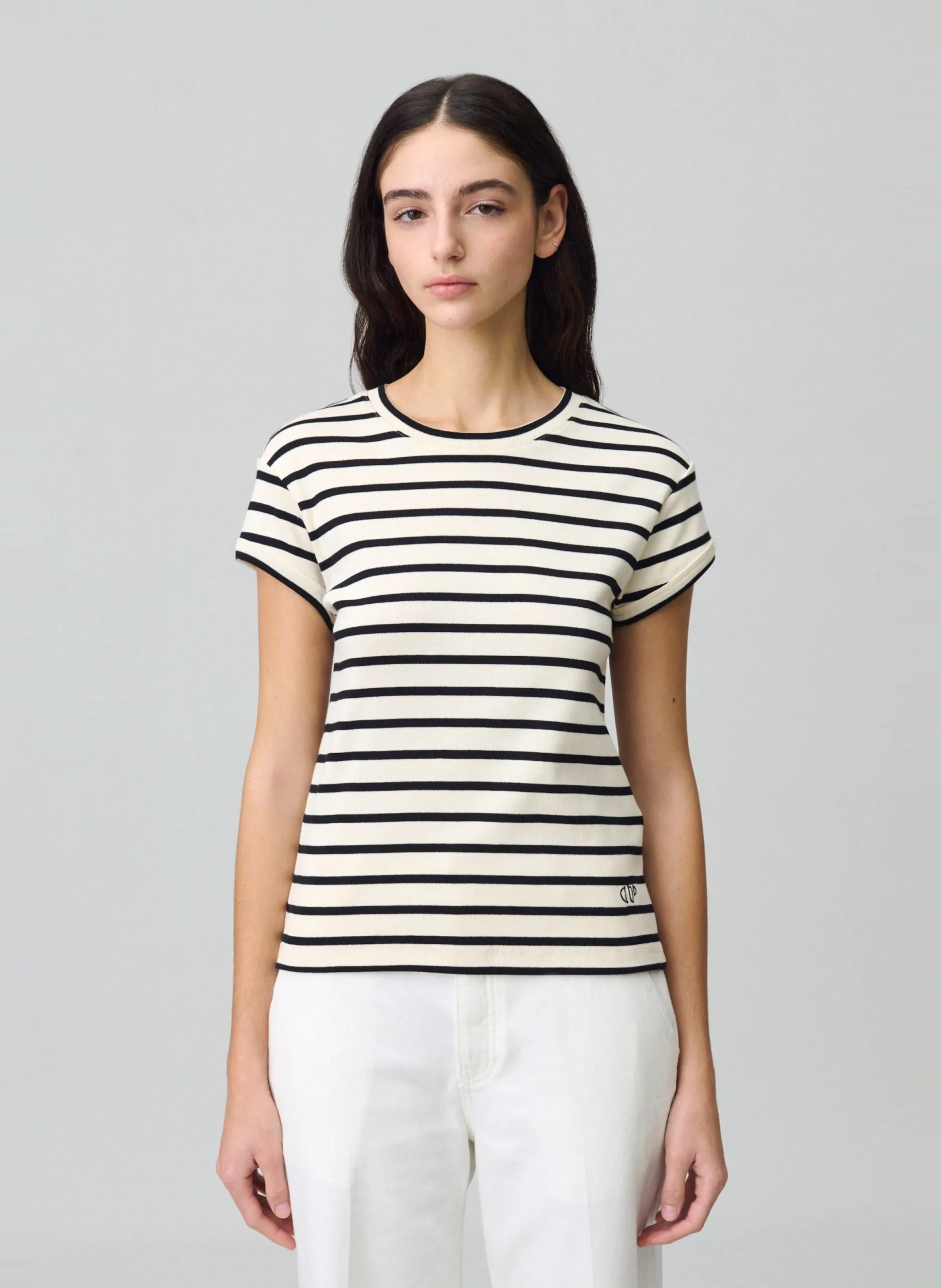 Tee-shirt col rond droit en coton rayé Multicolore