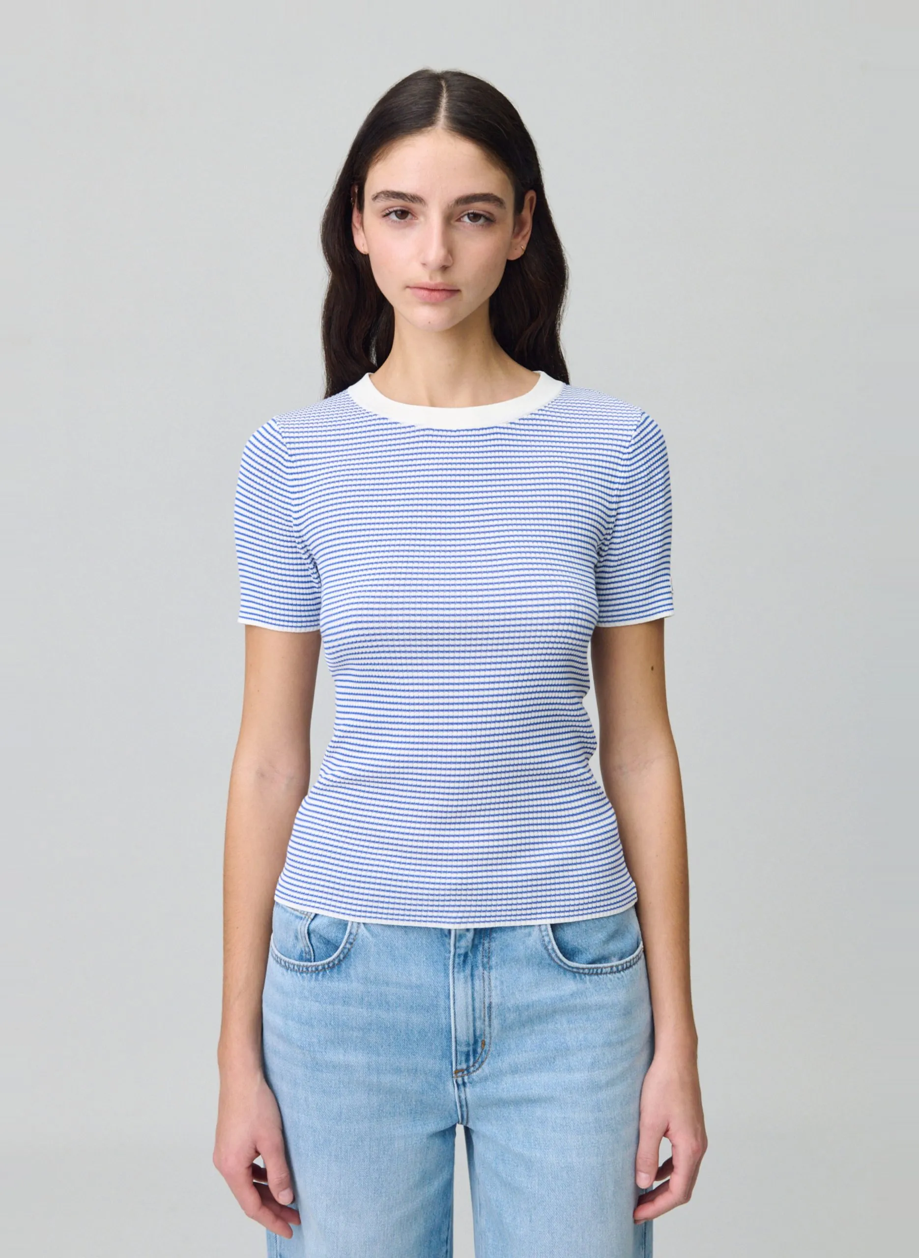 Top ajusté en maille rayée Bleu