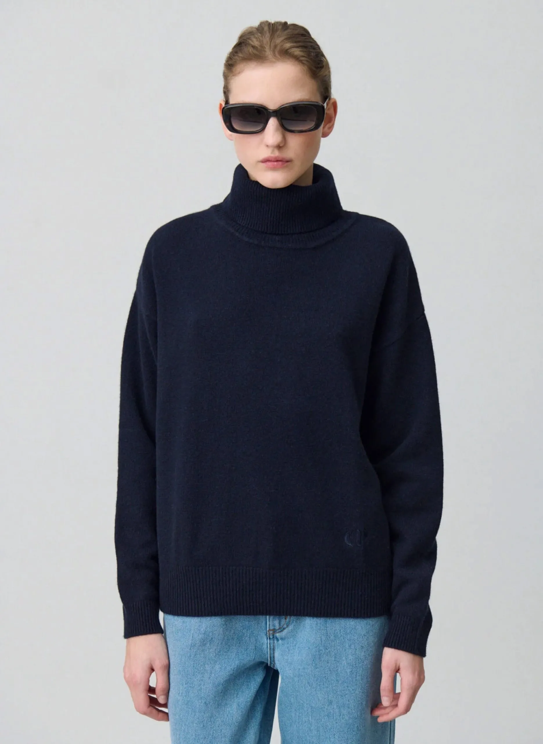 Pull col roulé droit en cachemire Bleu