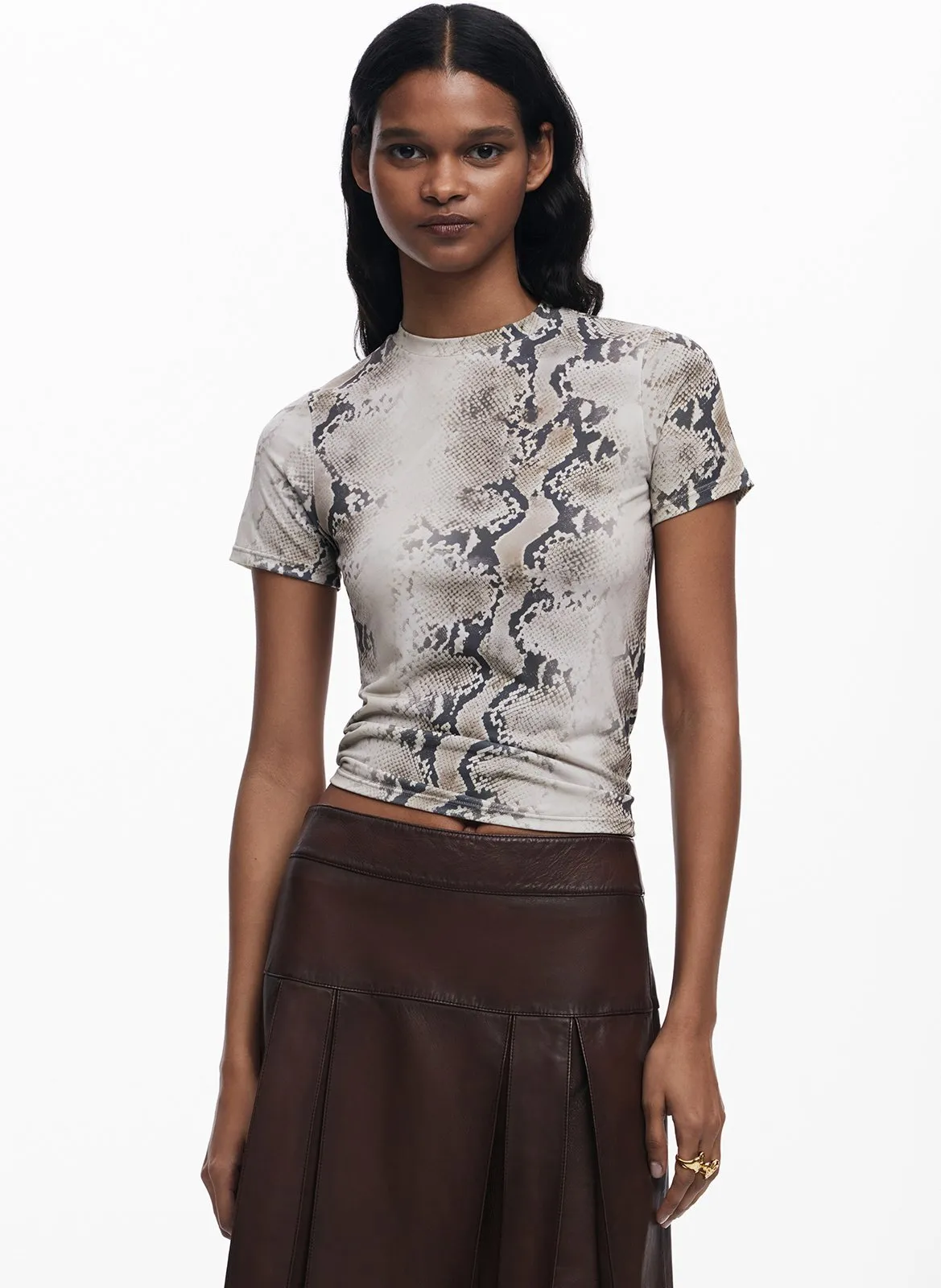 Tee-shirt col rond imprimé serpent Marron