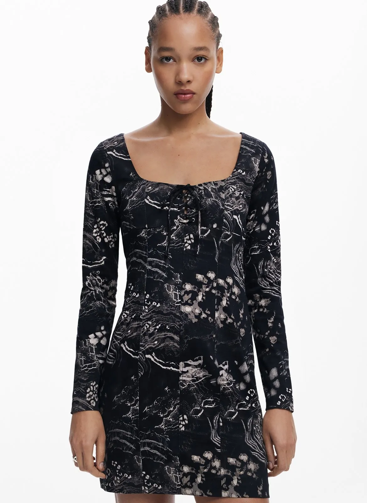 Robe courte encolure carré en coton mélangé Noir