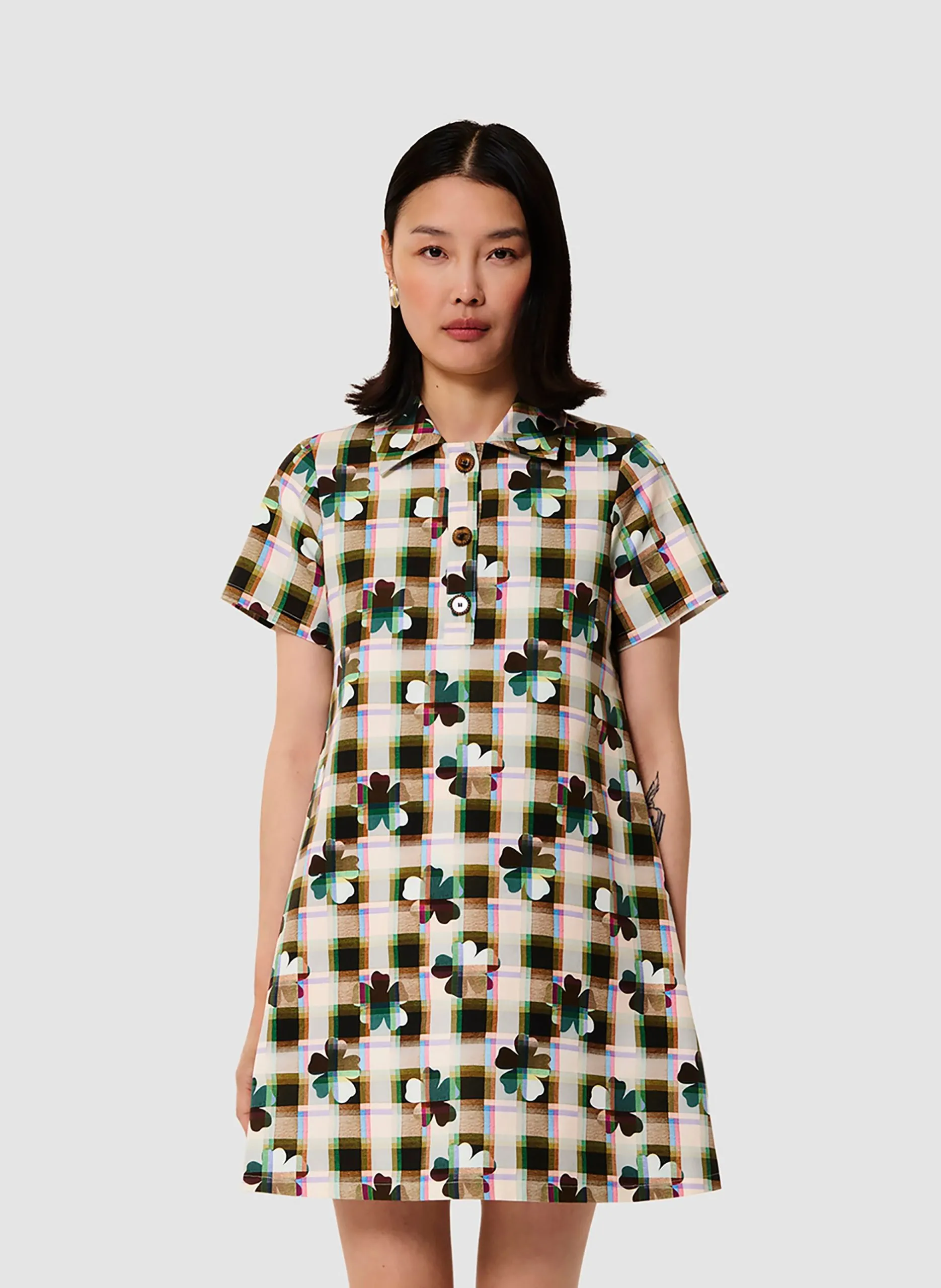 Robe courte col chemise à imprimé floral en coton Vert RORY