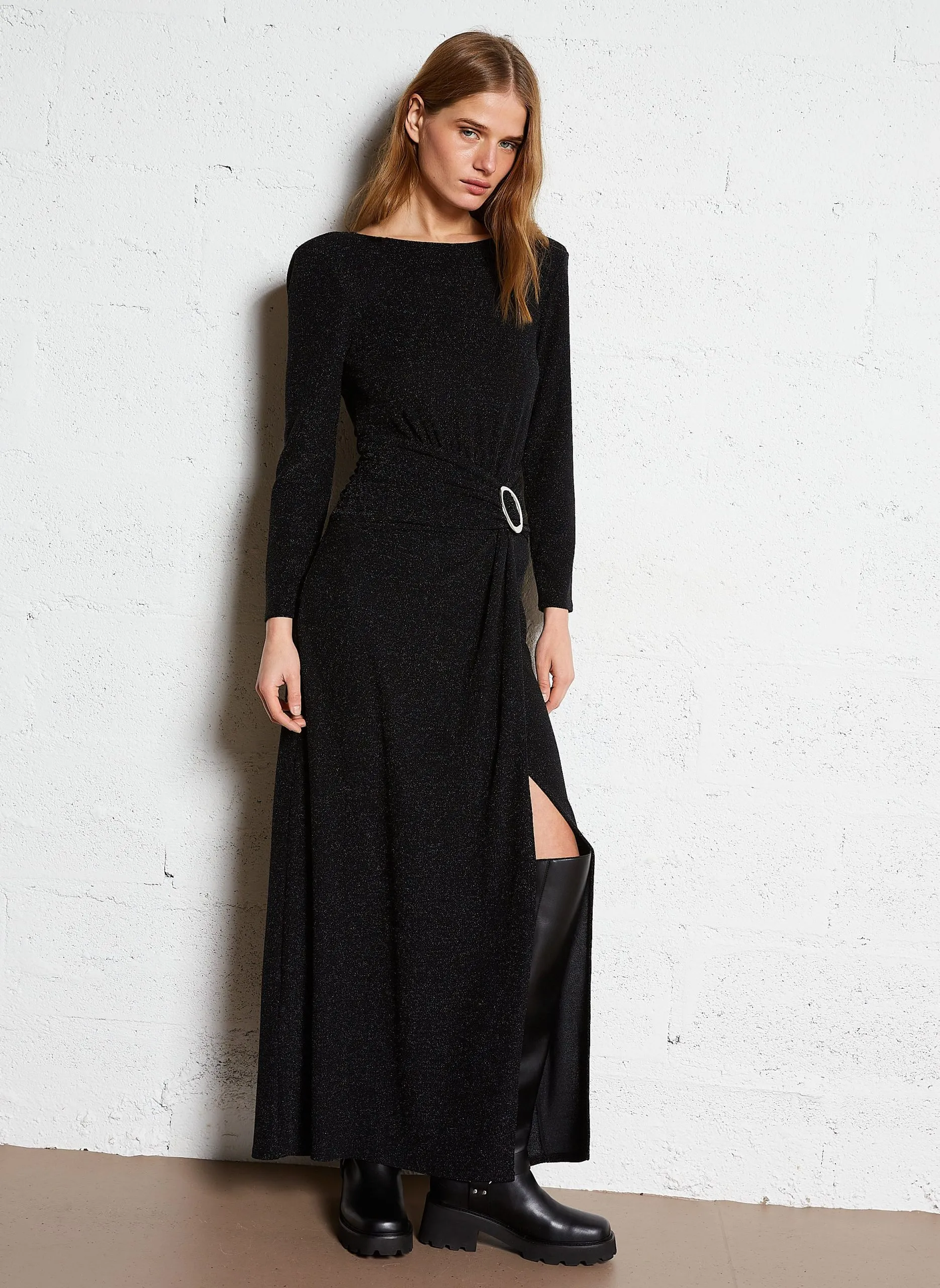 Robe longue moulante col rond Noir CLEO