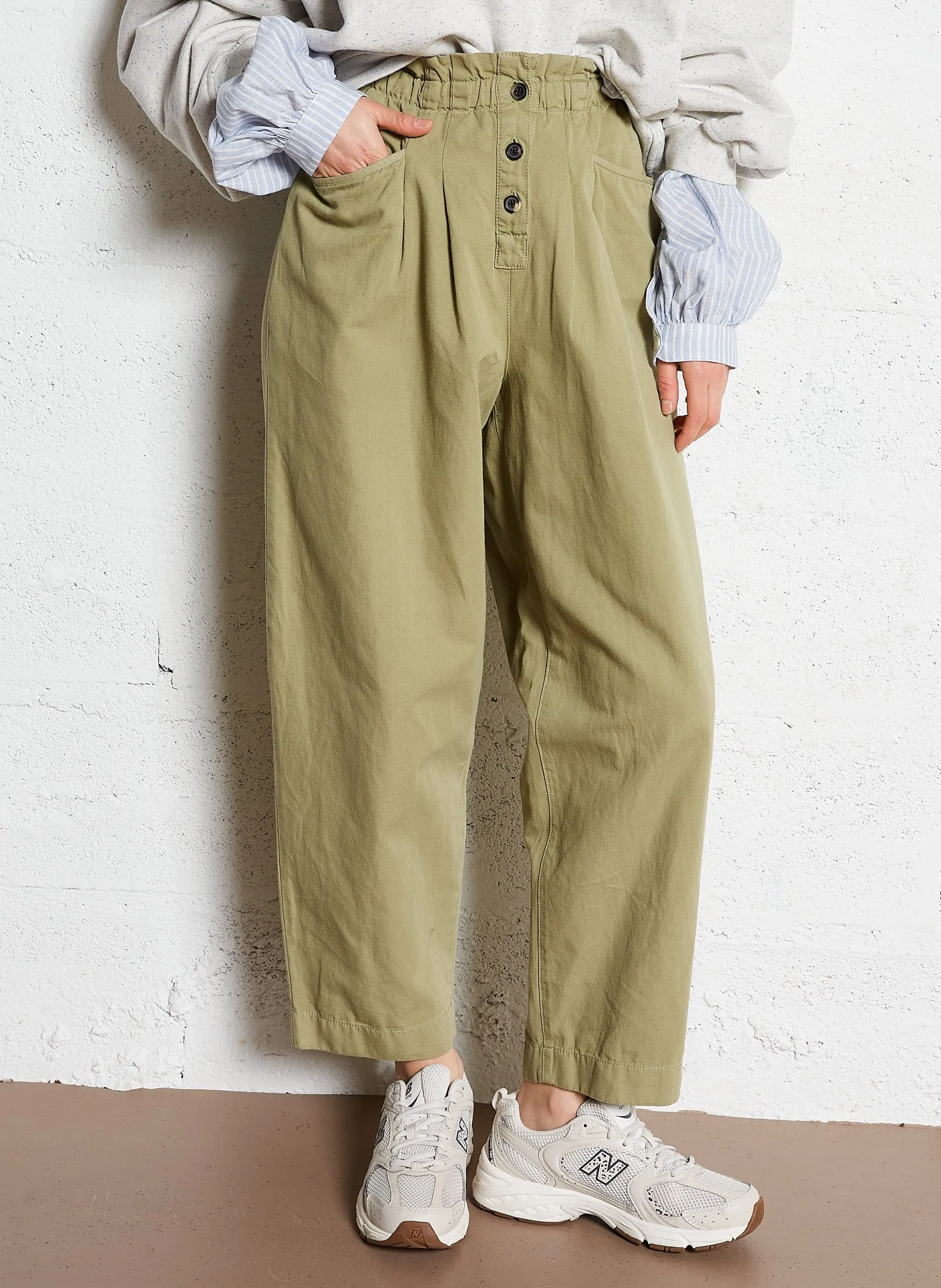 Pantalon large taille haute en coton mélangé Vert LILOW