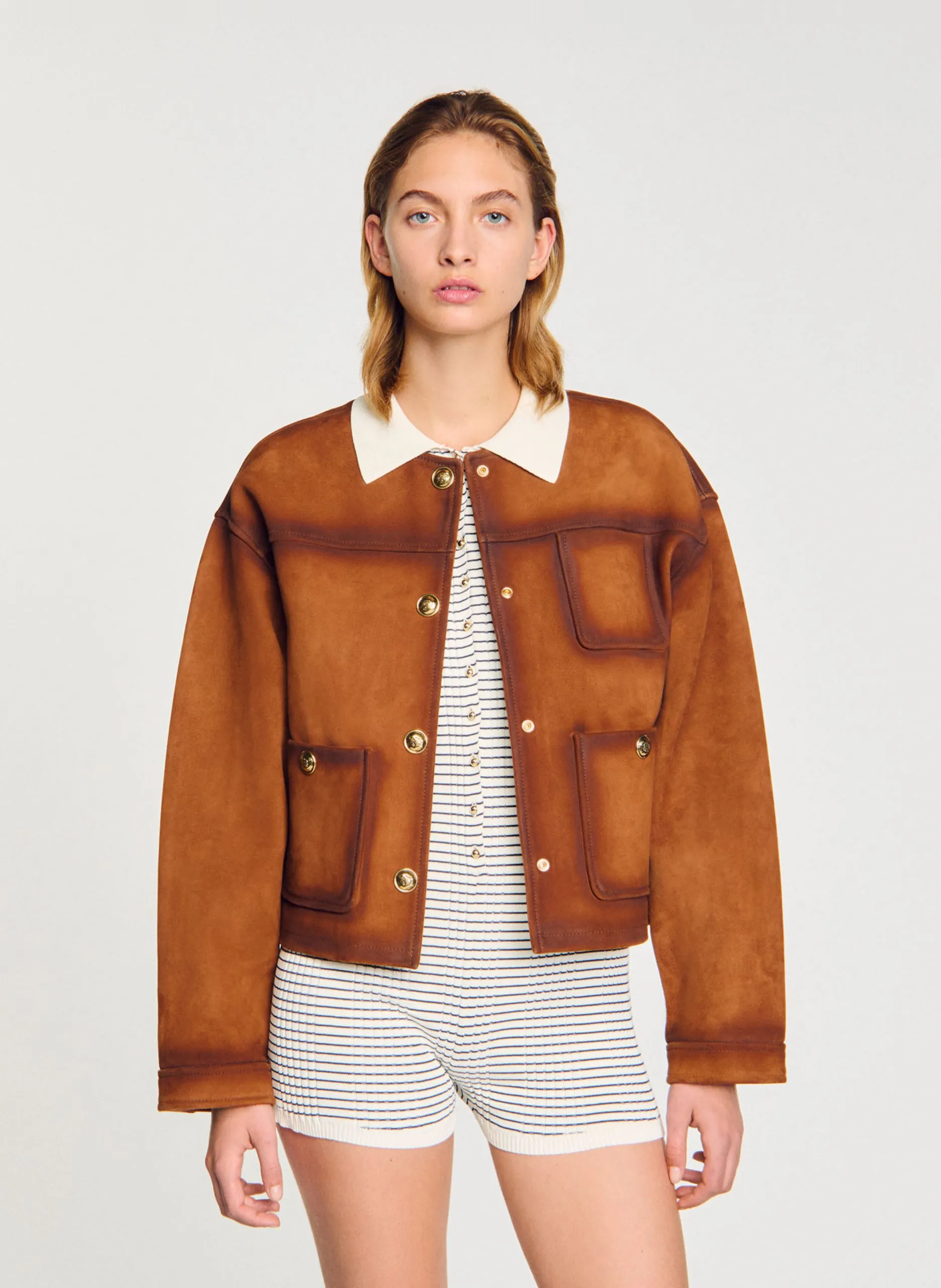 Veste col rond en cuir Marron