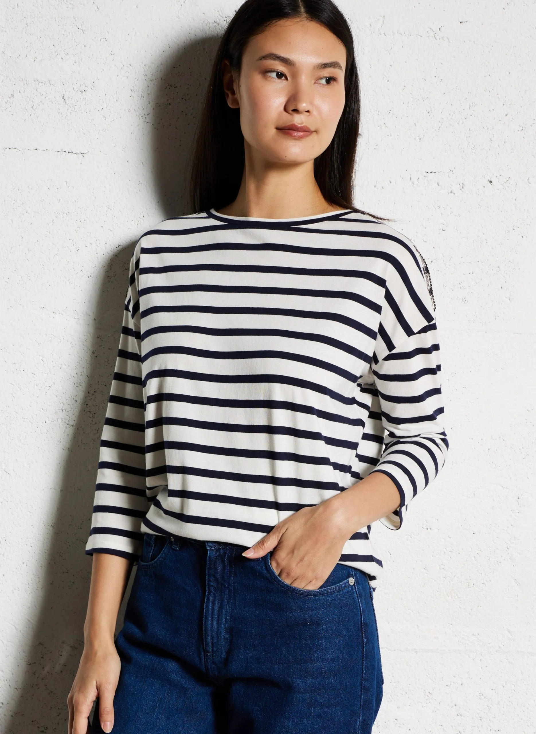 Tee-shirt col bateau rayé Bleu