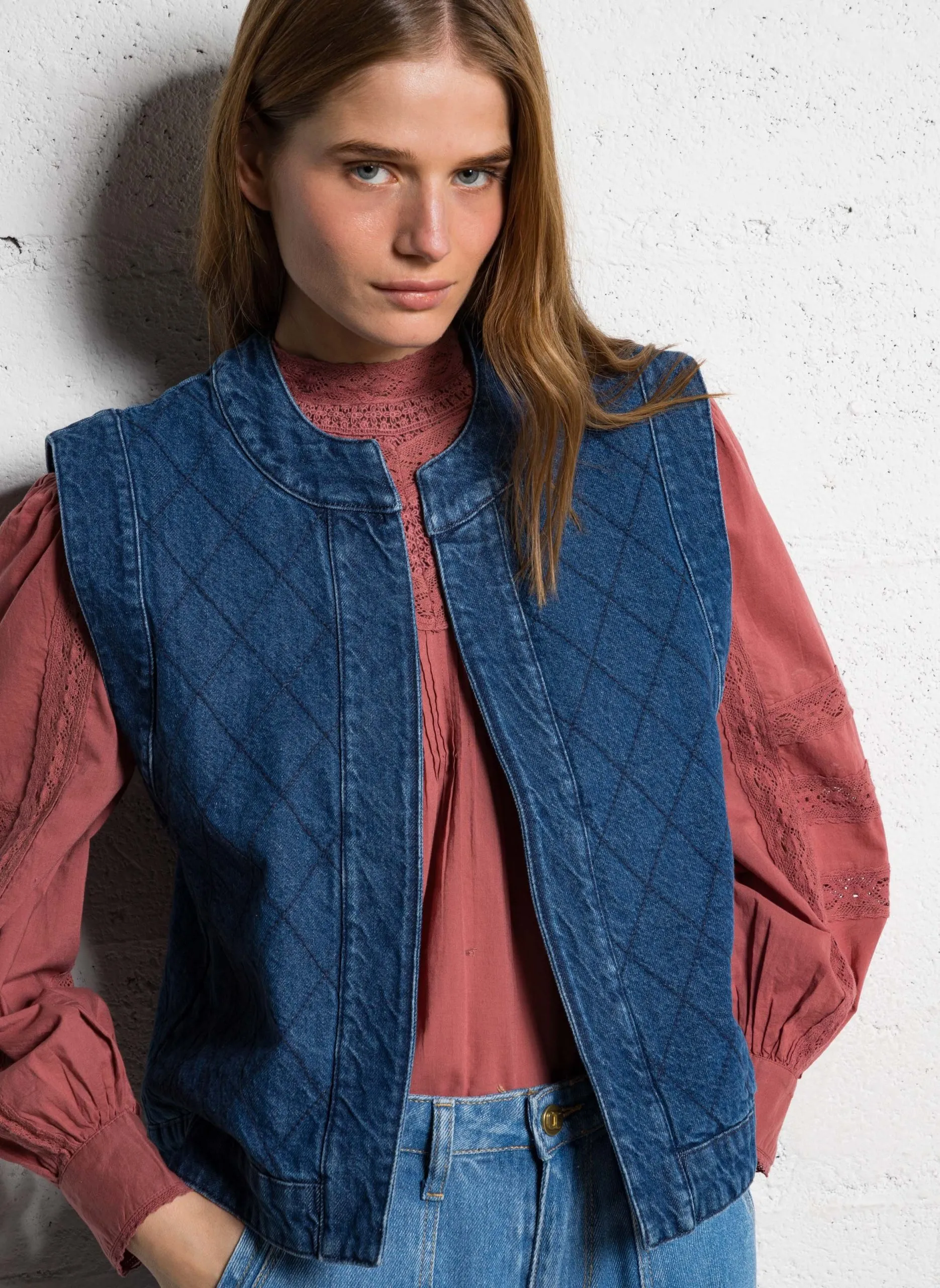 Veste denim sans manches en coton Bleu