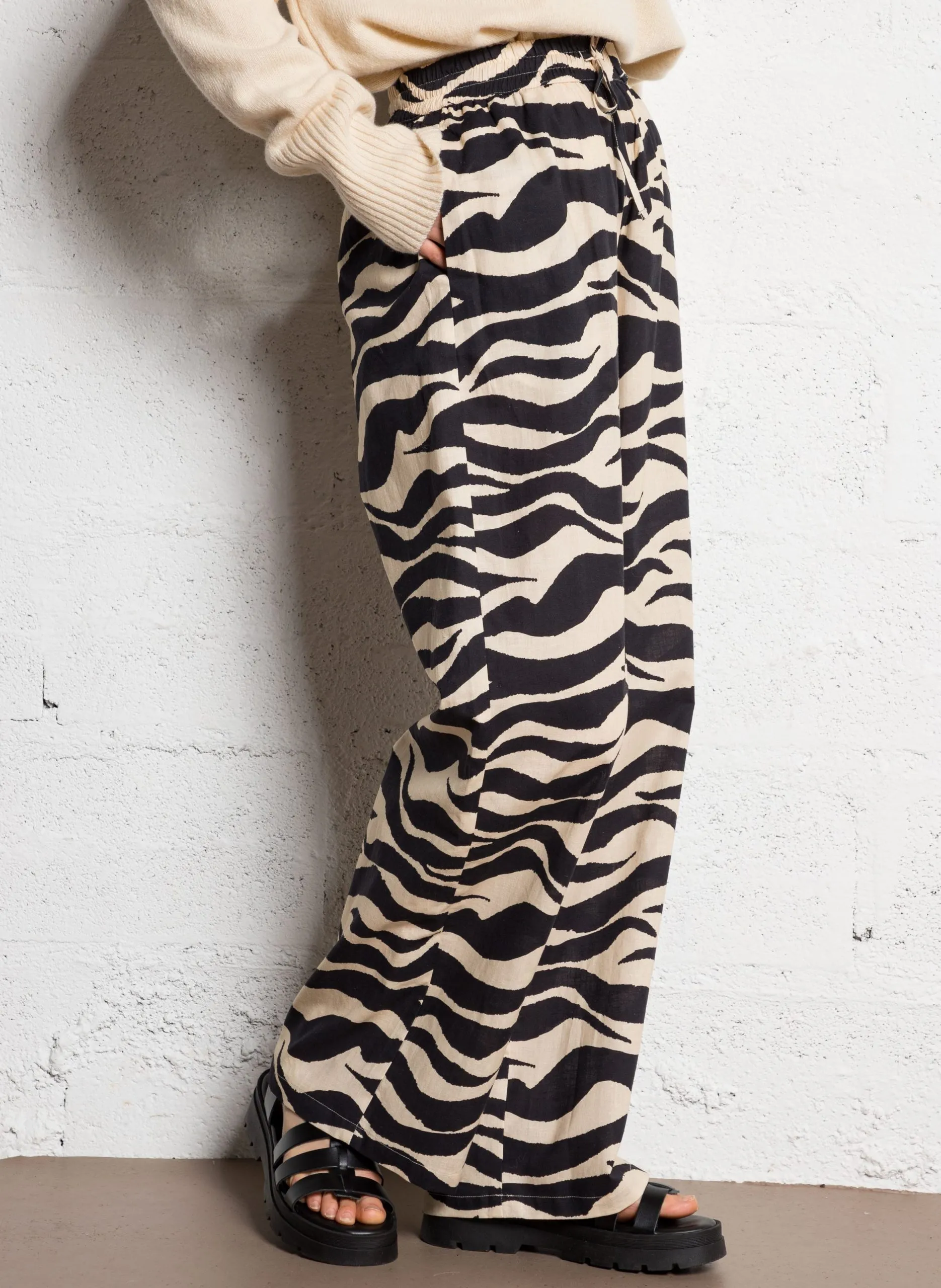 Pantalon large en coton et lin Beige KAVALA