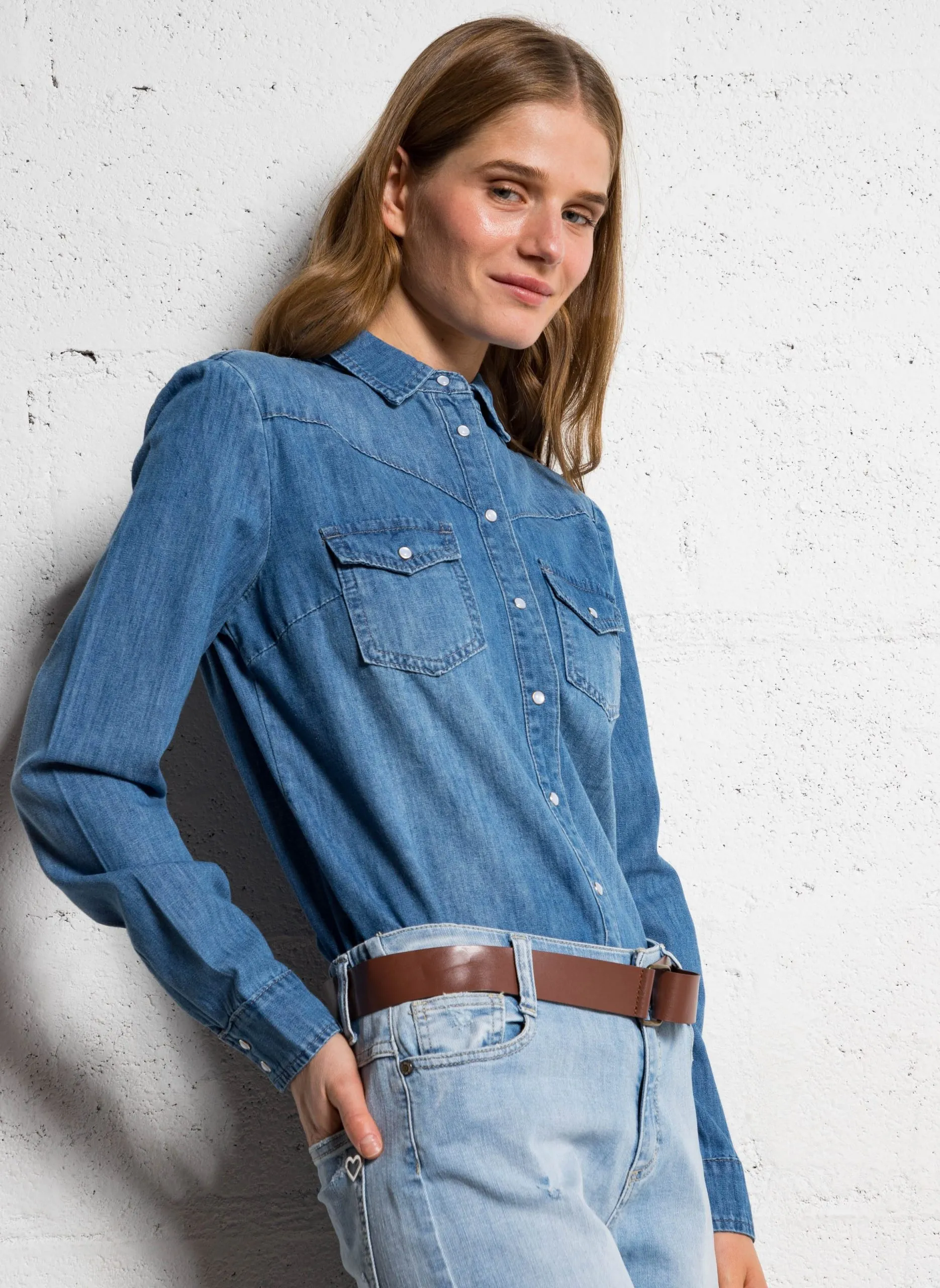 Chemise droite boutonnée en jean Bleu