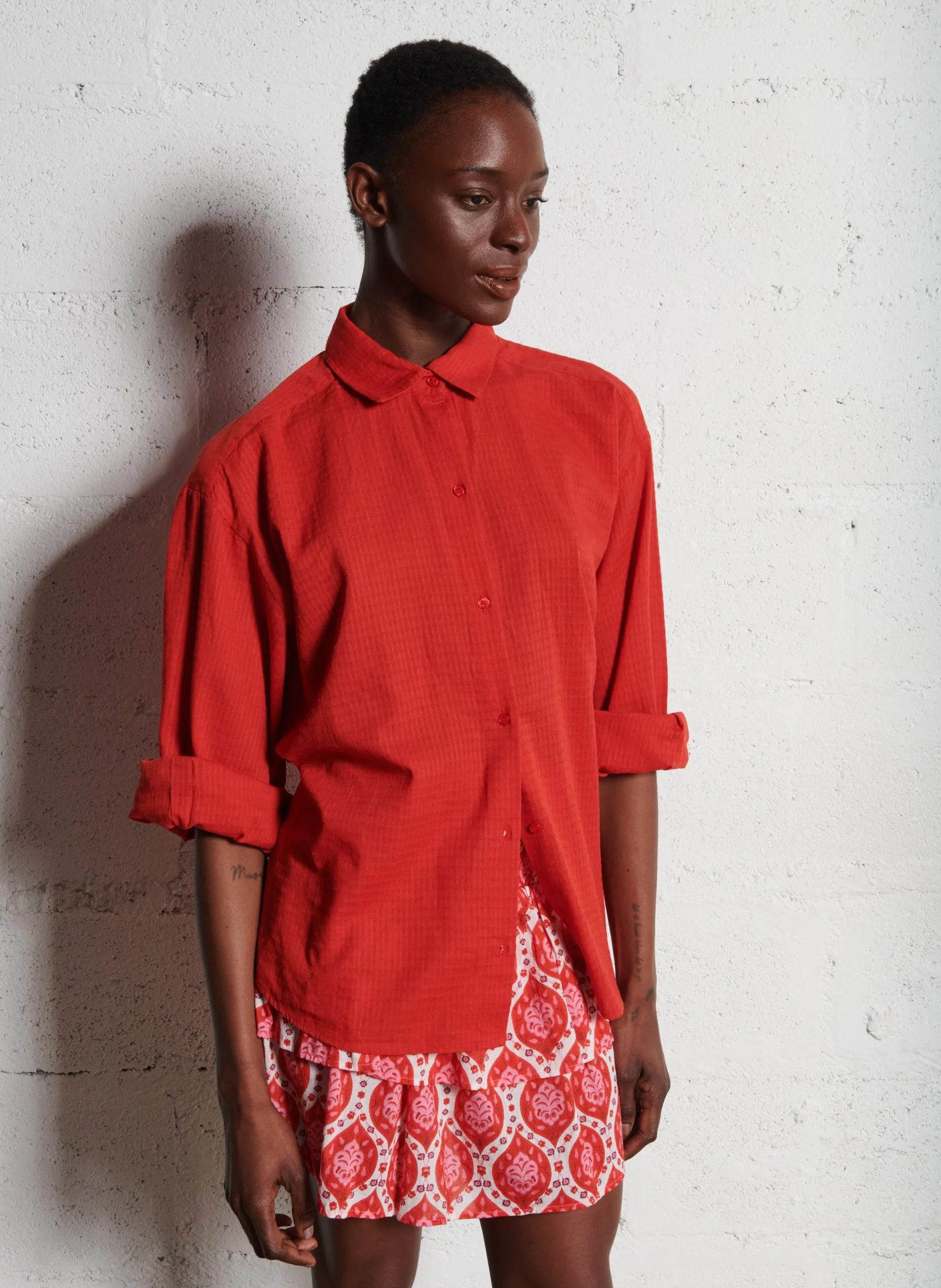 Chemise oversize col classique en coton Rouge TOMY