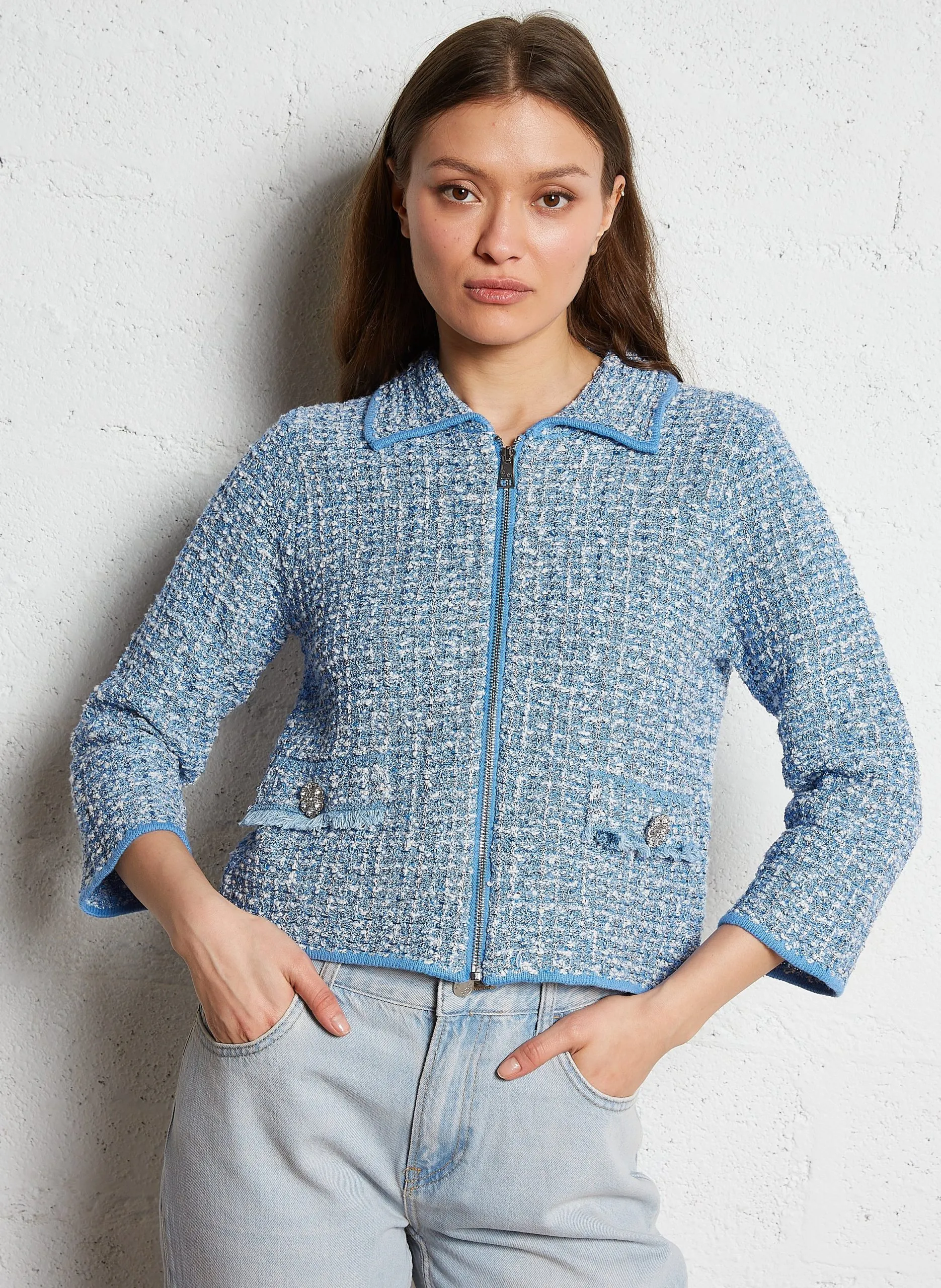 Gilet col classique en tweed Bleu