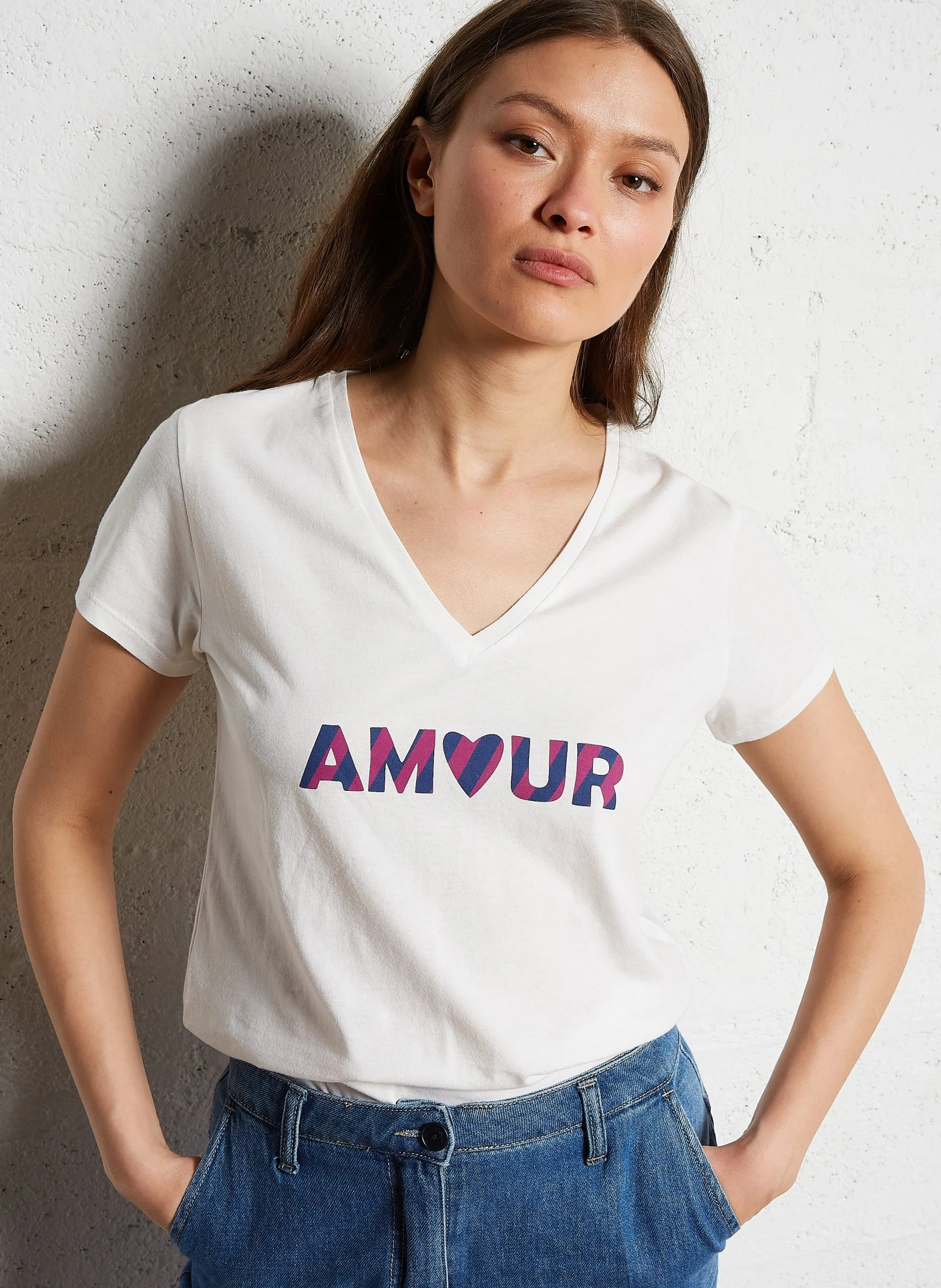 Tee-shirt droit col V en coton Blanc