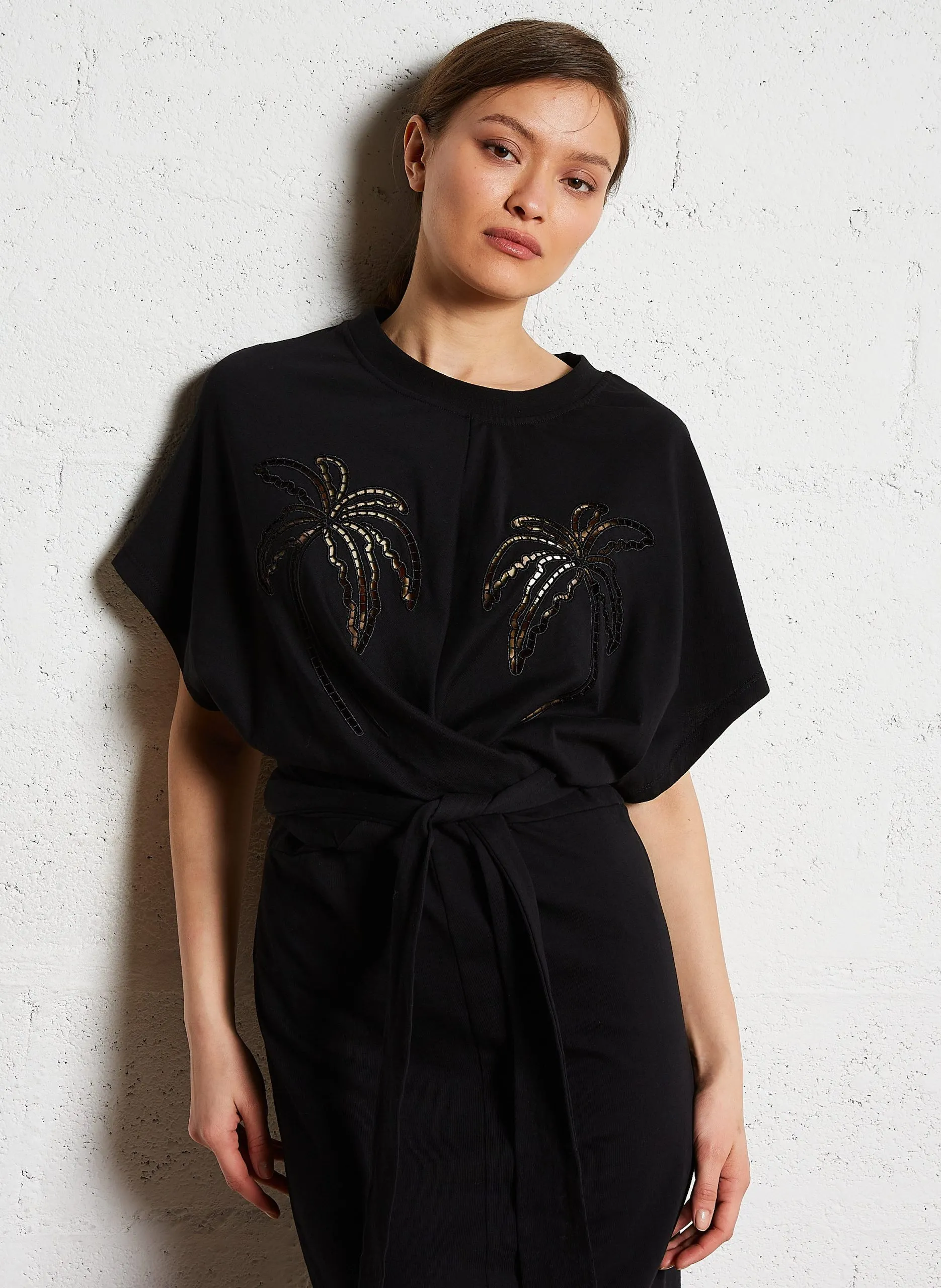 Robe midi col rond en coton Noir MIKY