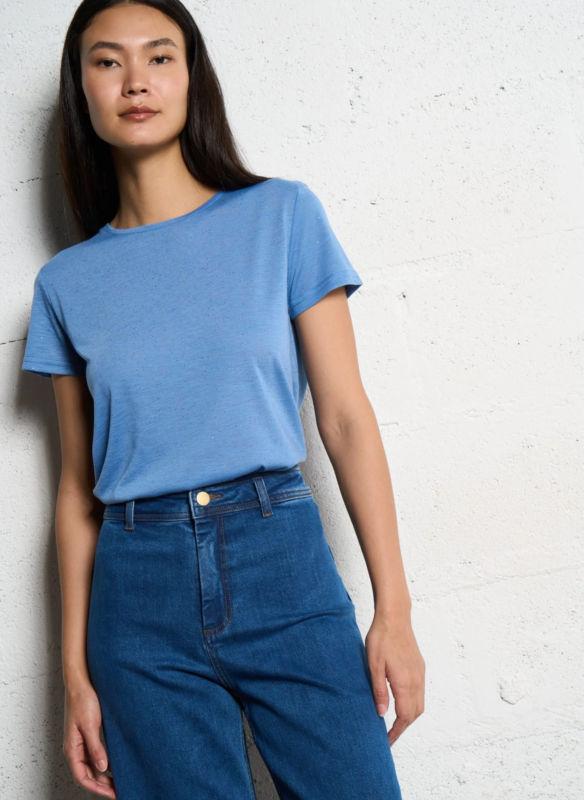 Tee-shirt col rond pailleté Bleu ELVA