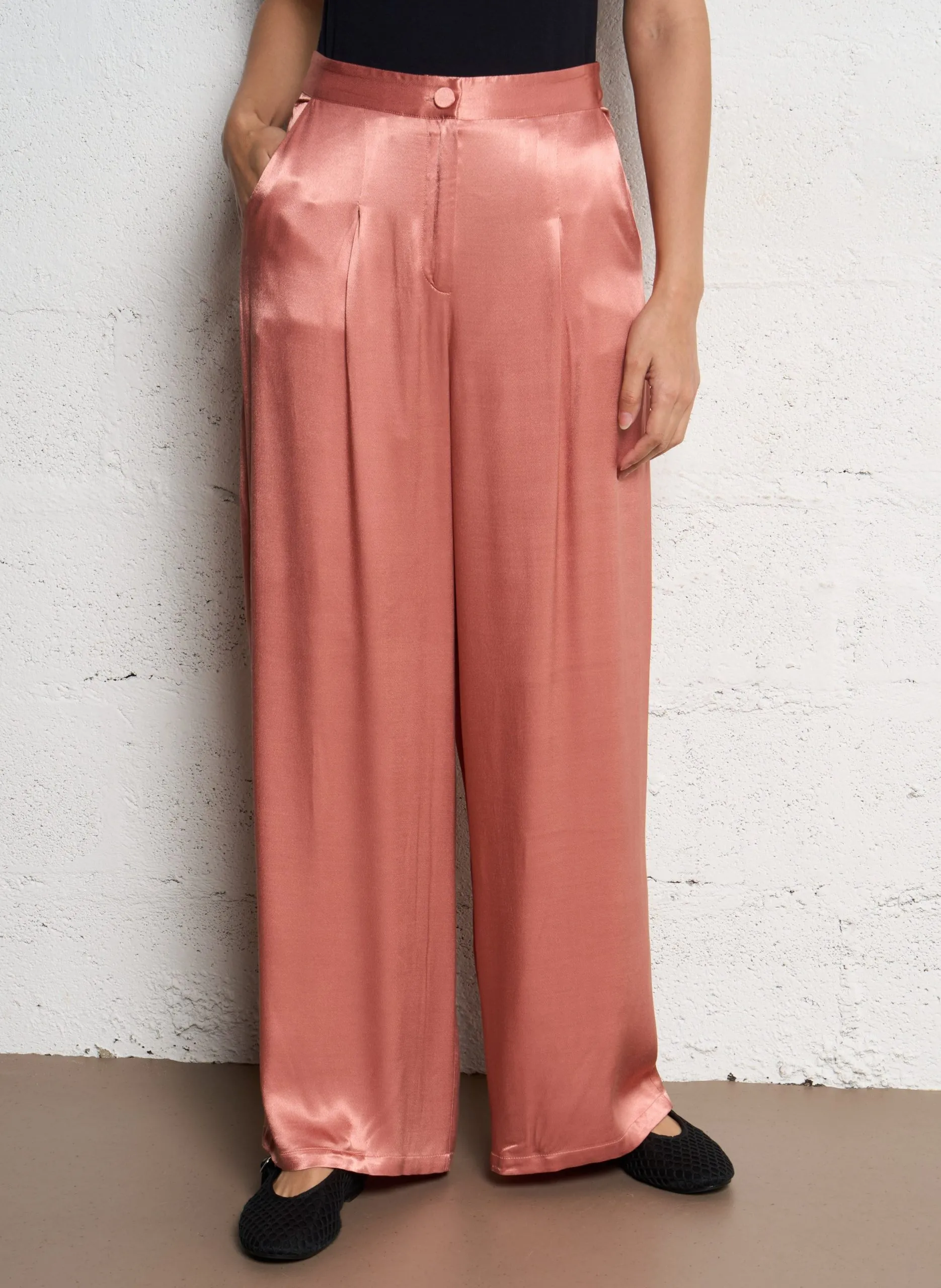 Pantalon large taille haute satiné Rose LEO