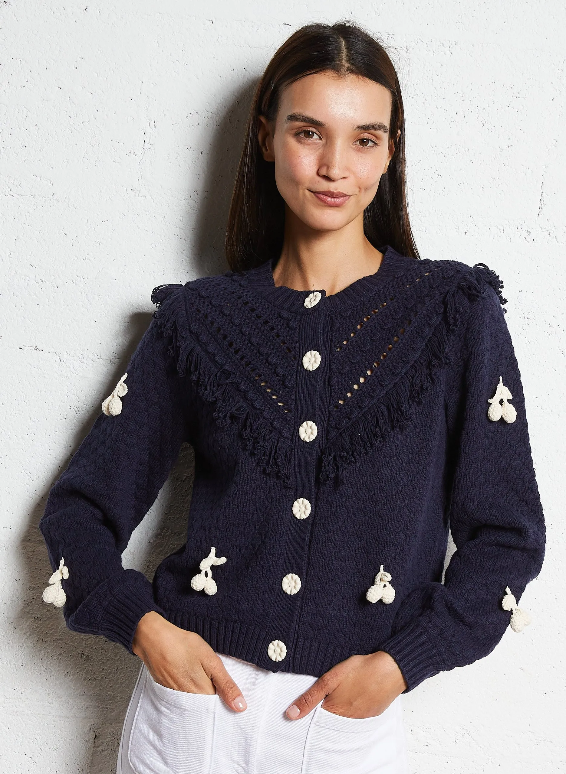 Cardigan boutonné en maille fantaisie Bleu FRIDO