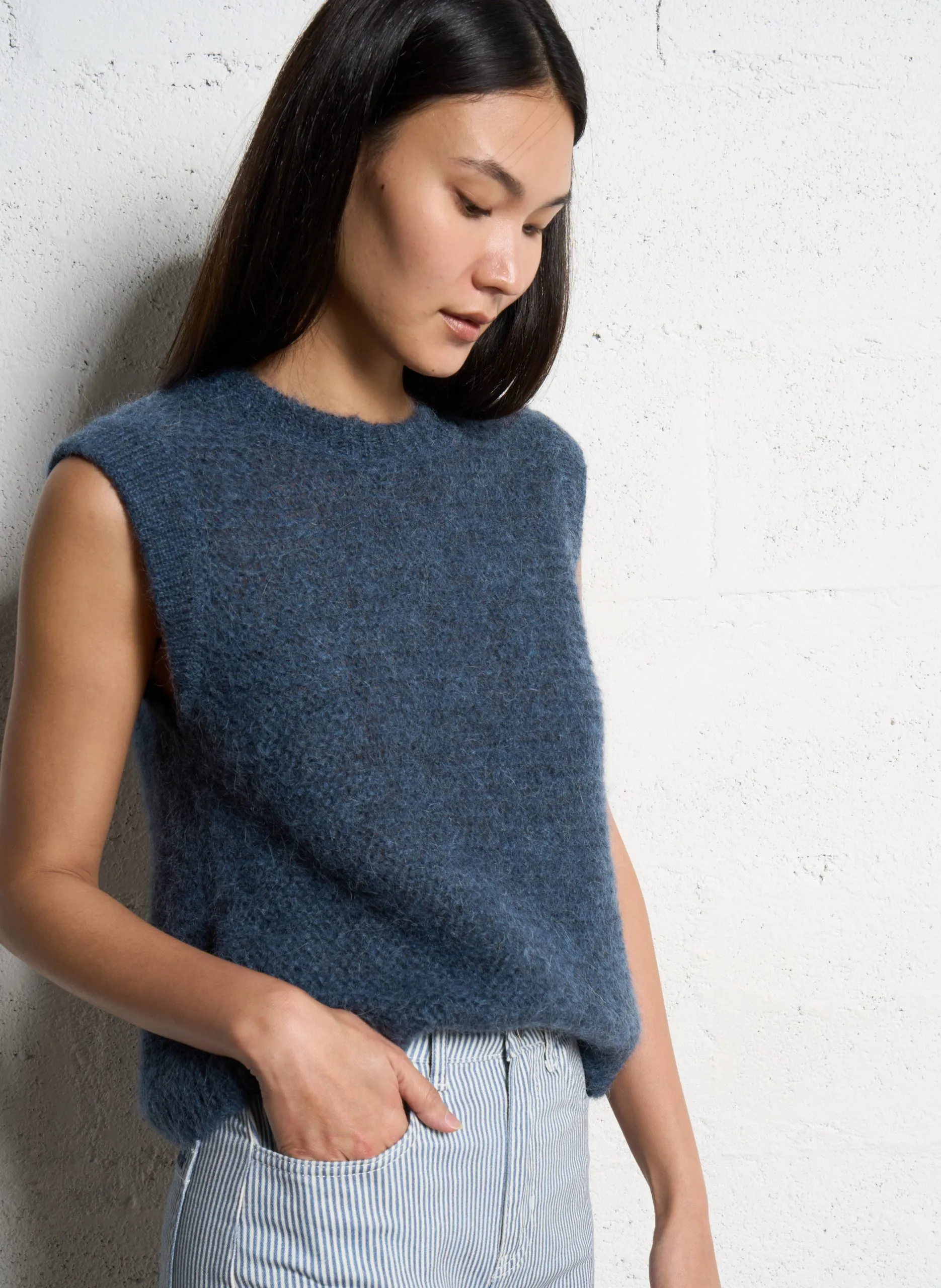 Pull sans manches col rond en laine mélangée Bleu MOTANA