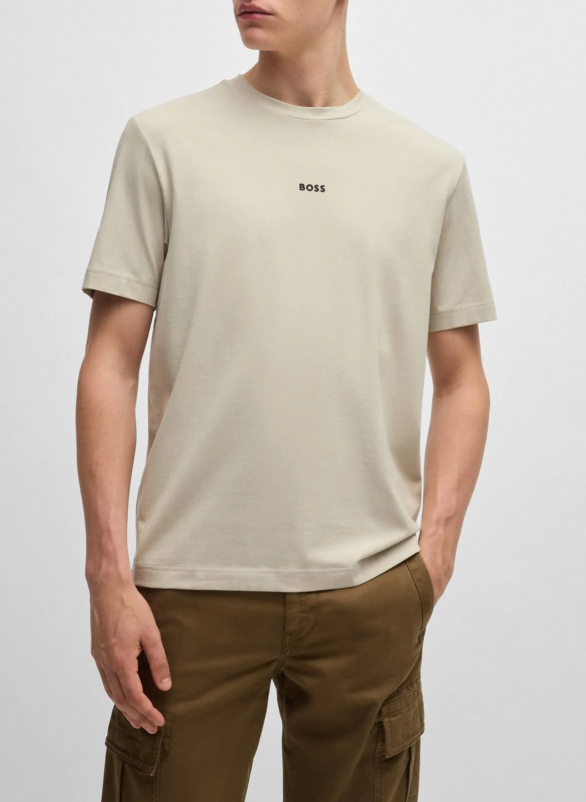 Tee-shirt col rond en coton mélangé Beige
