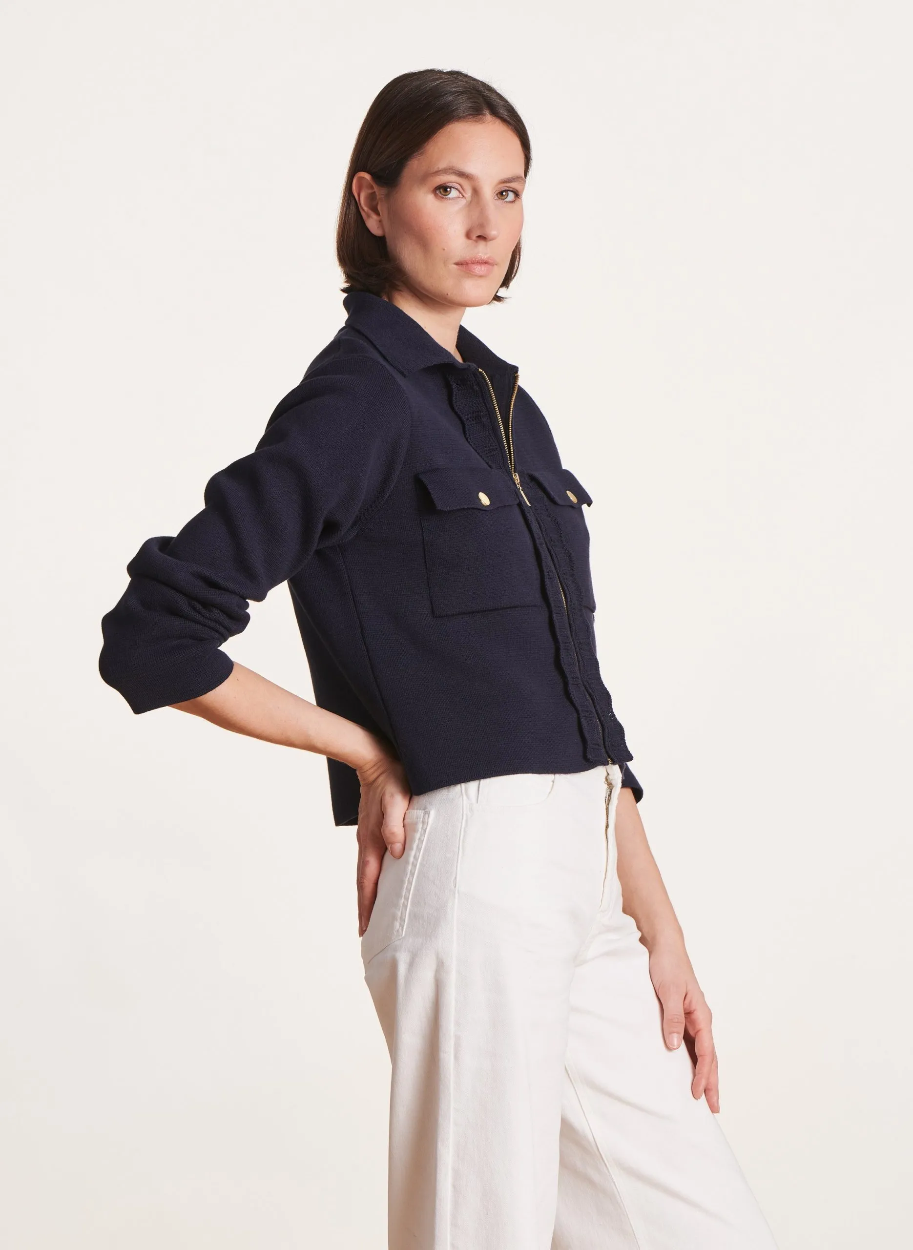 Gilet col chemise en coton bio Bleu