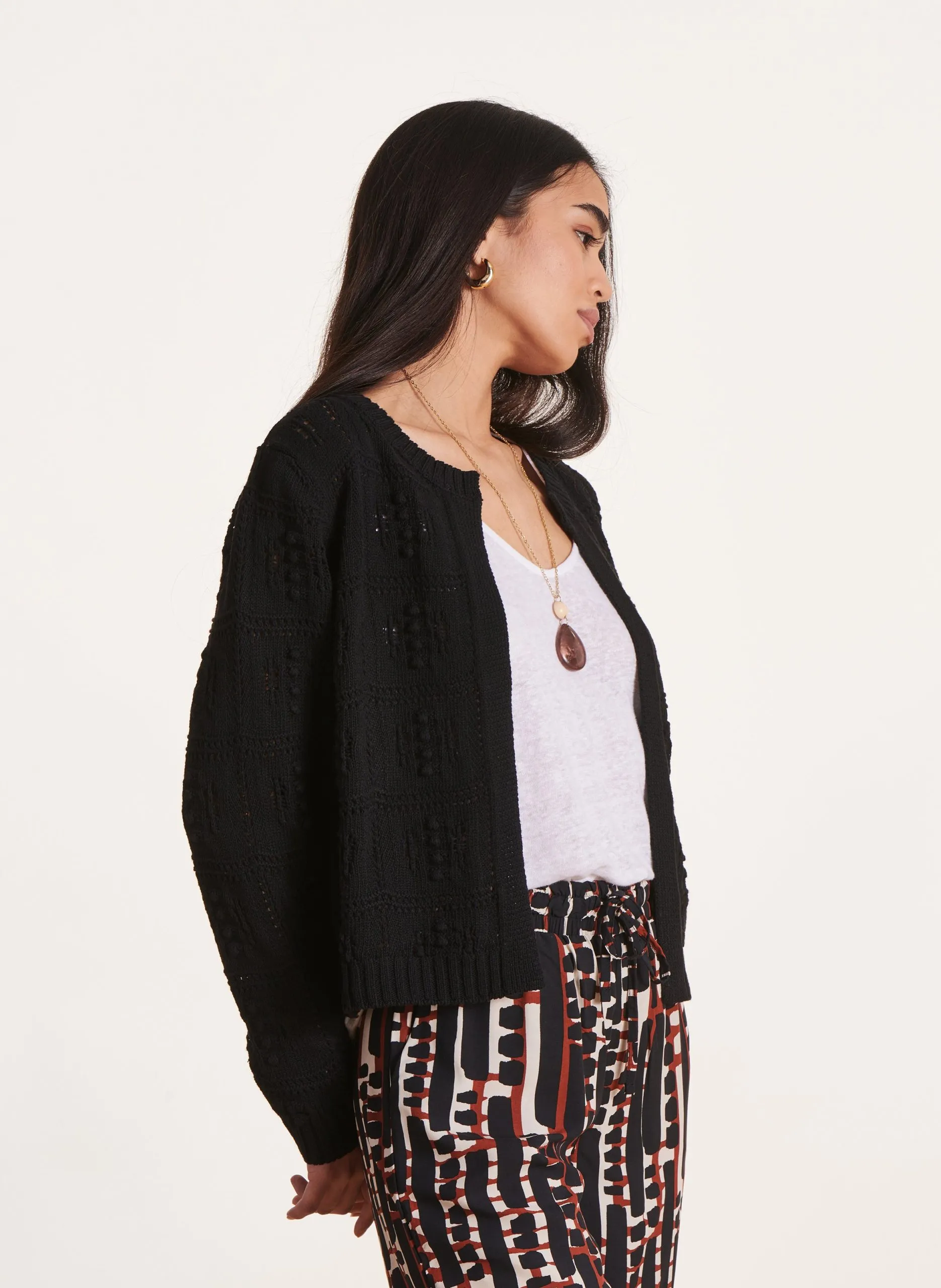 Gilet col rond en coton mélangé Noir