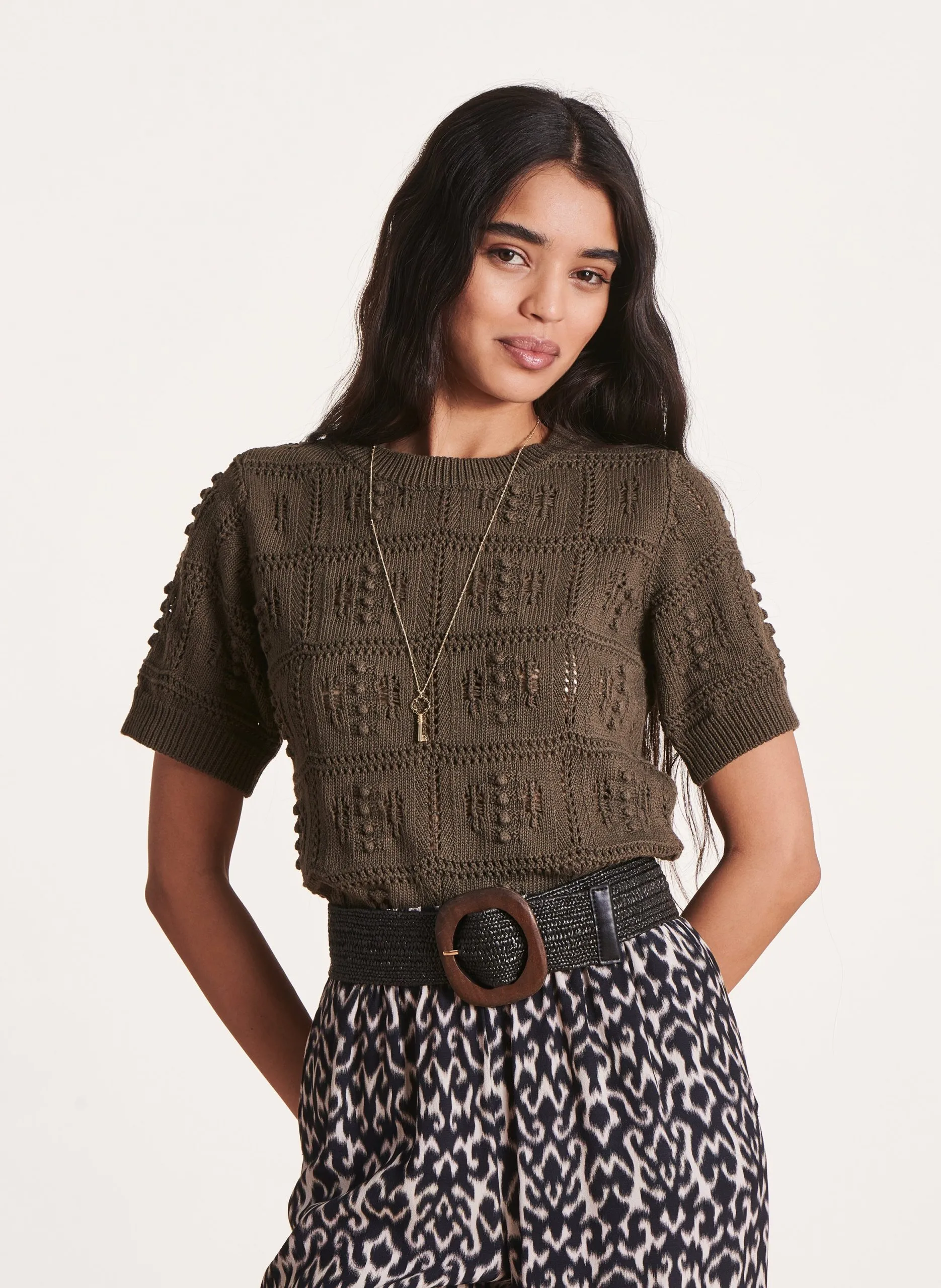 Pull droit en coton mélangé Kaki