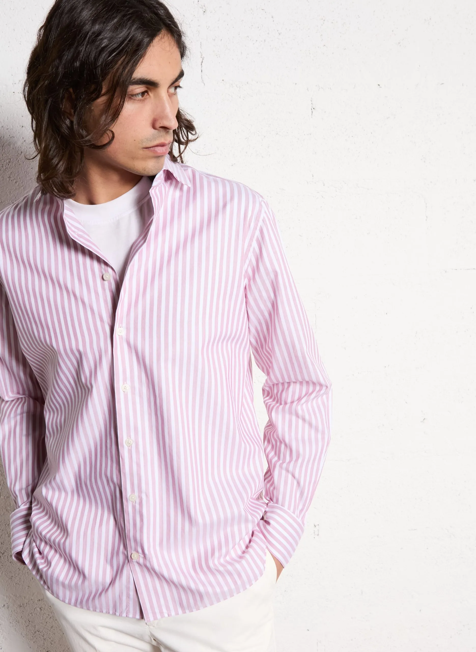 Chemise col classique rayée en coton Rouge