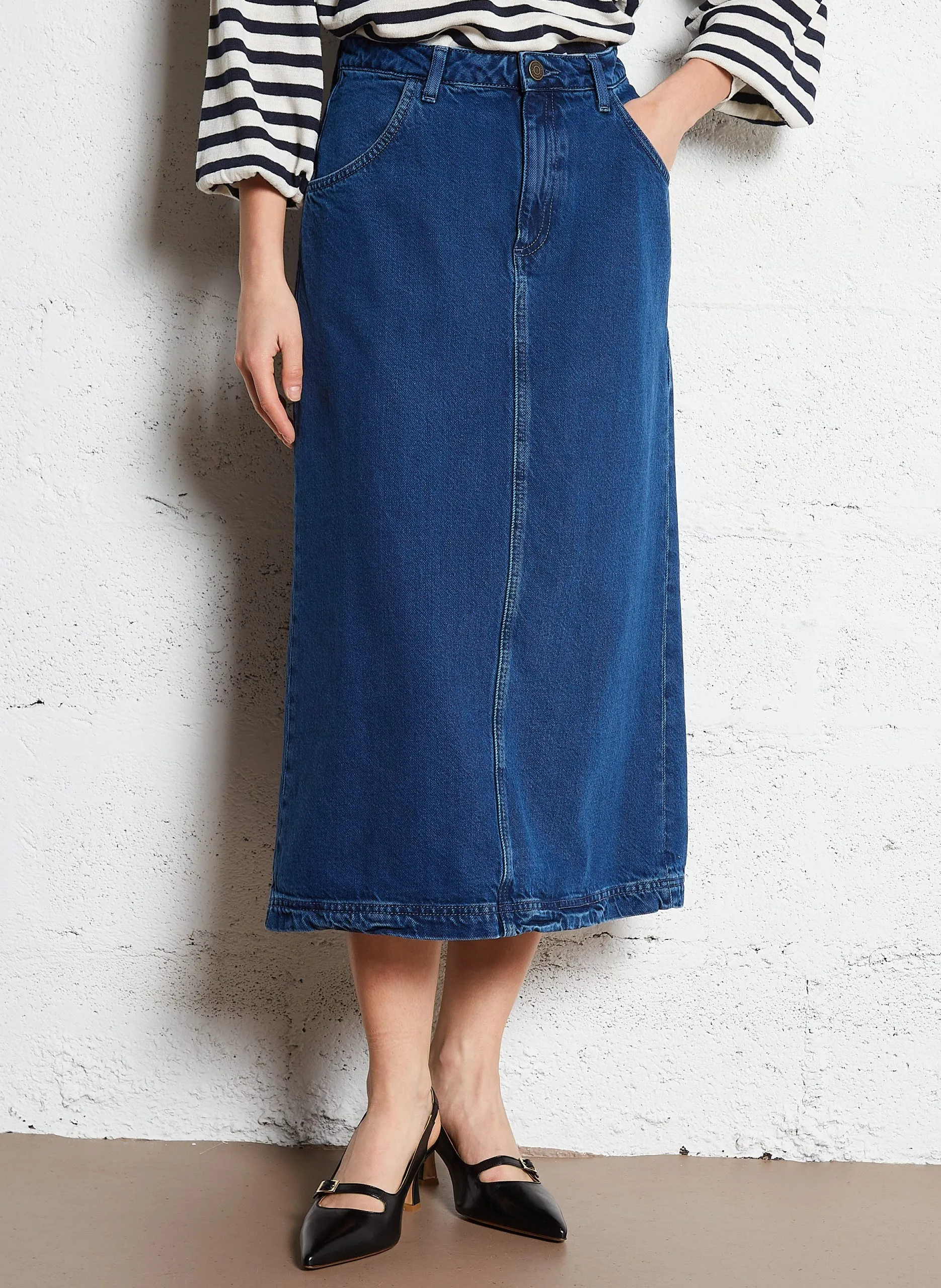 Jupe midi denim en coton Bleu JOYBIRD