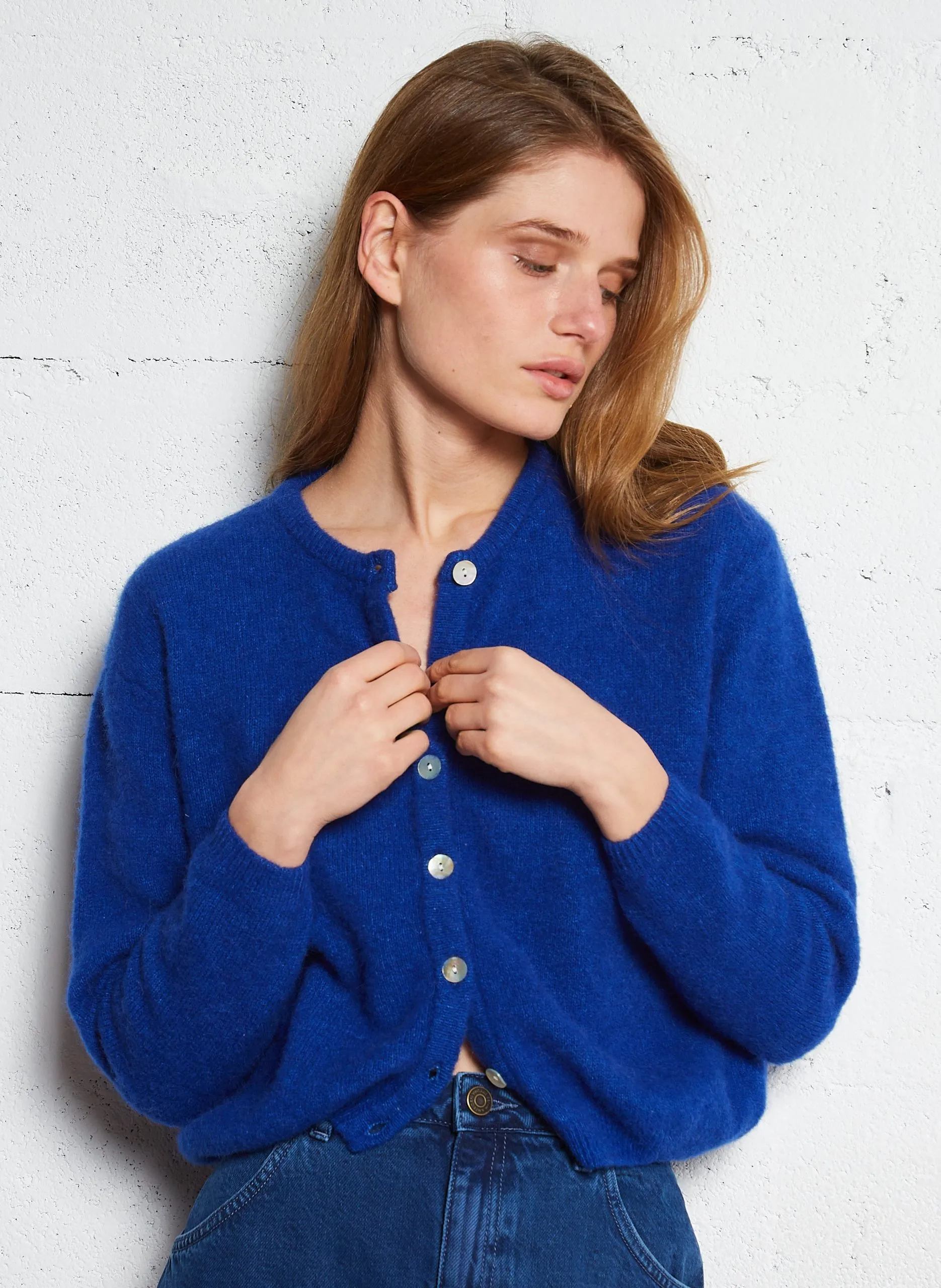 Gilet ample col rond en laine mélangée Bleu VITOW