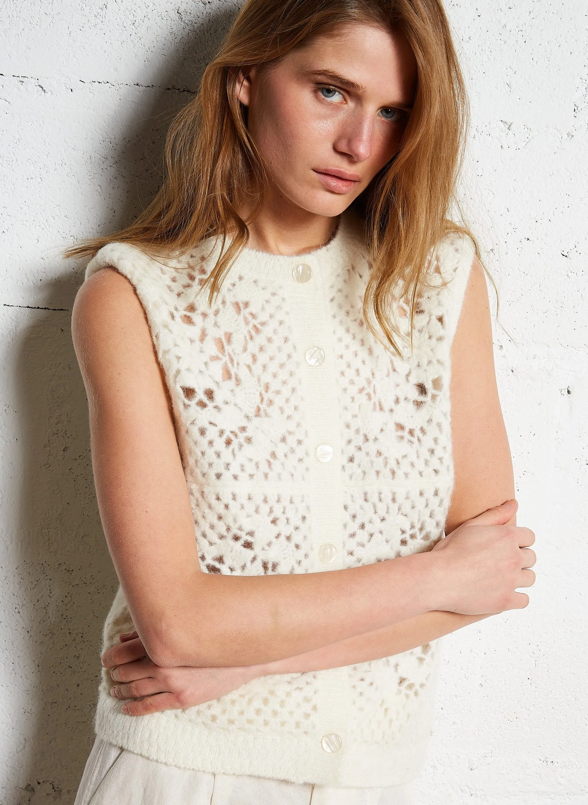 Gilet sans manches en maille ajourée Beige CEMILIE