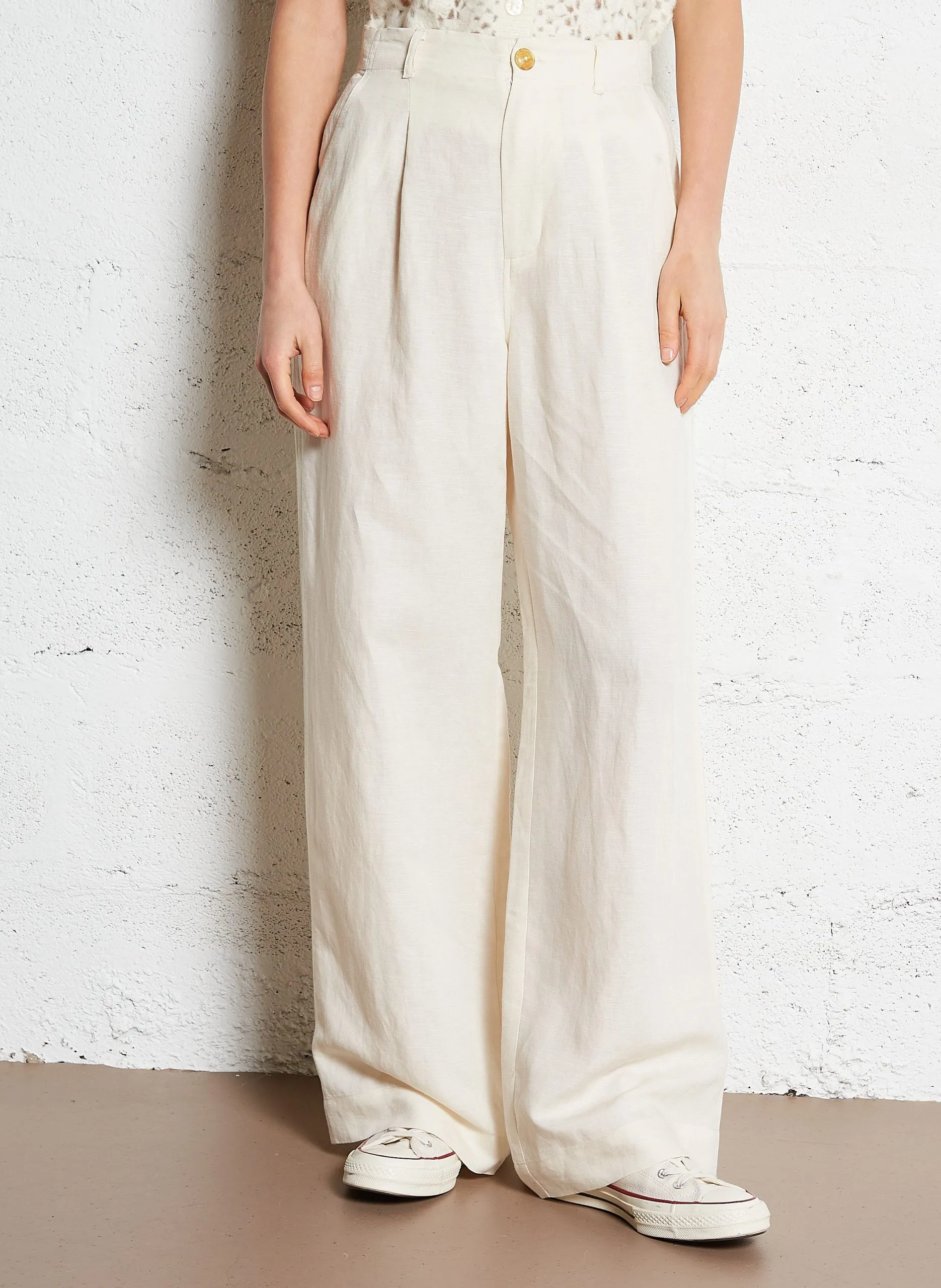 Pantalon large taille haute en lin mélangé Beige TAHIKO