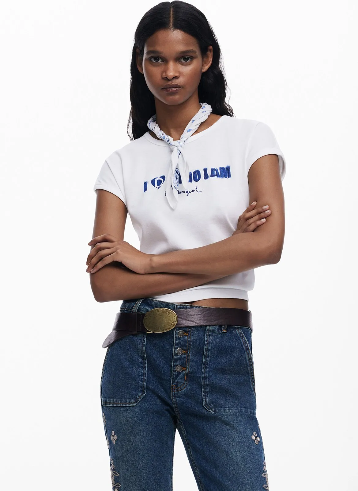 Tee-shirt col rond imprimé en coton mélangé Blanc