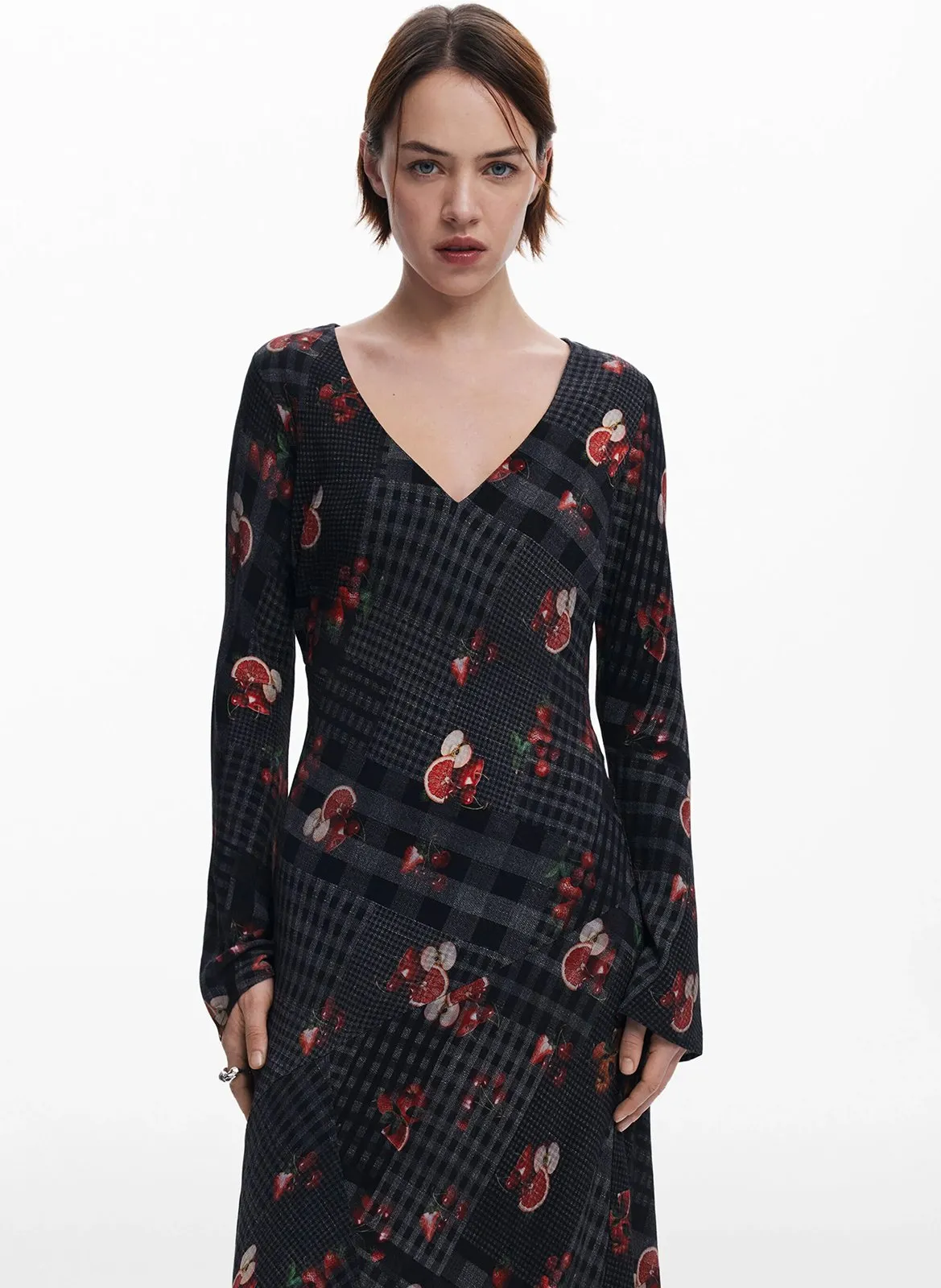 Robe midi col v à carreaux Noir