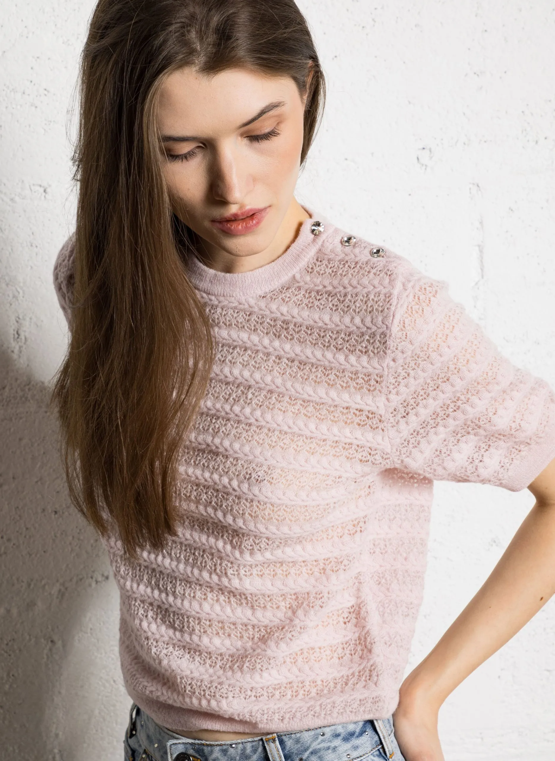 Pull maille fantaisie en laine mélangée Rose MADALINE