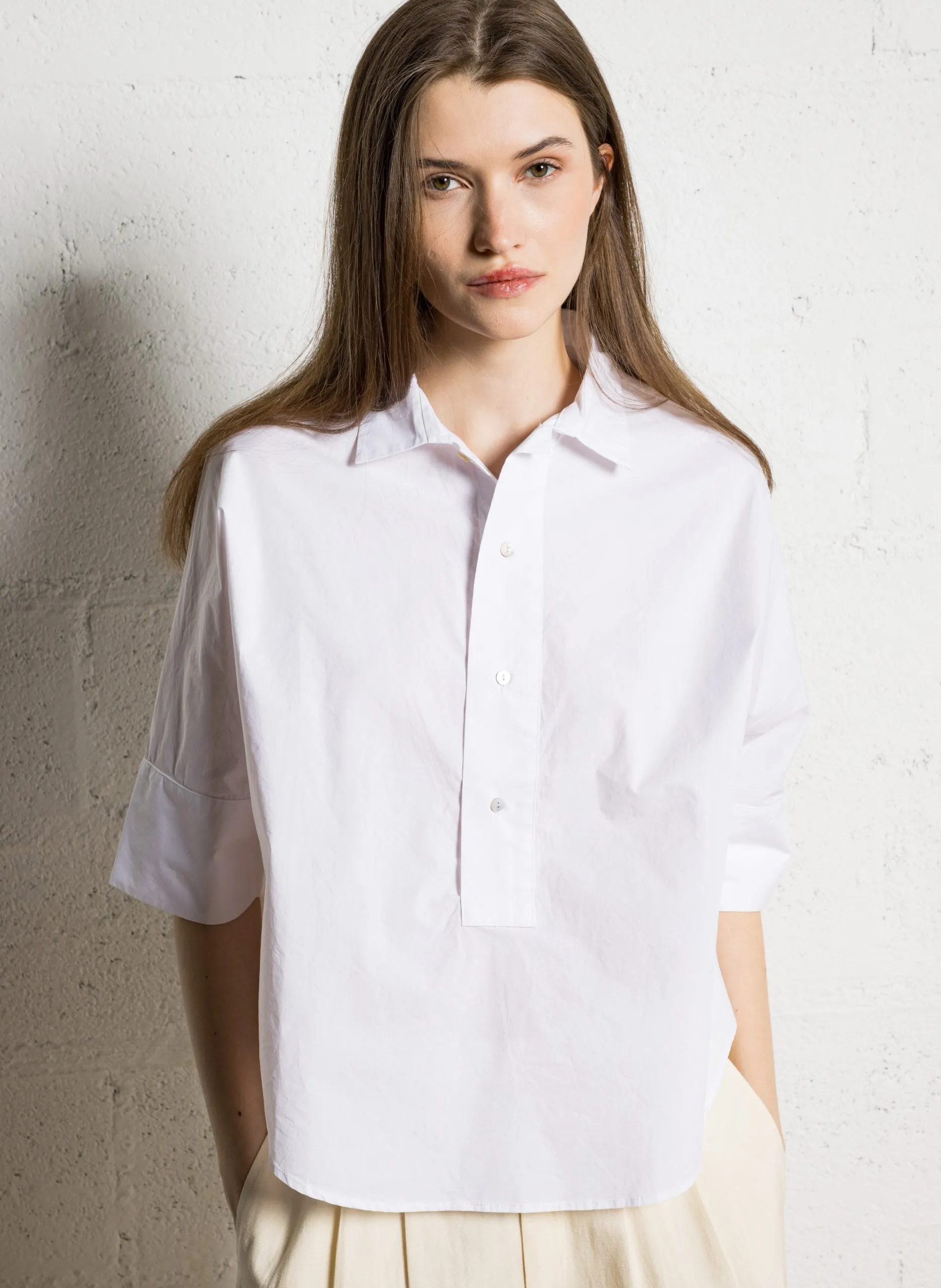 Top oversize boutonné en popeline de coton Blanc NADIA