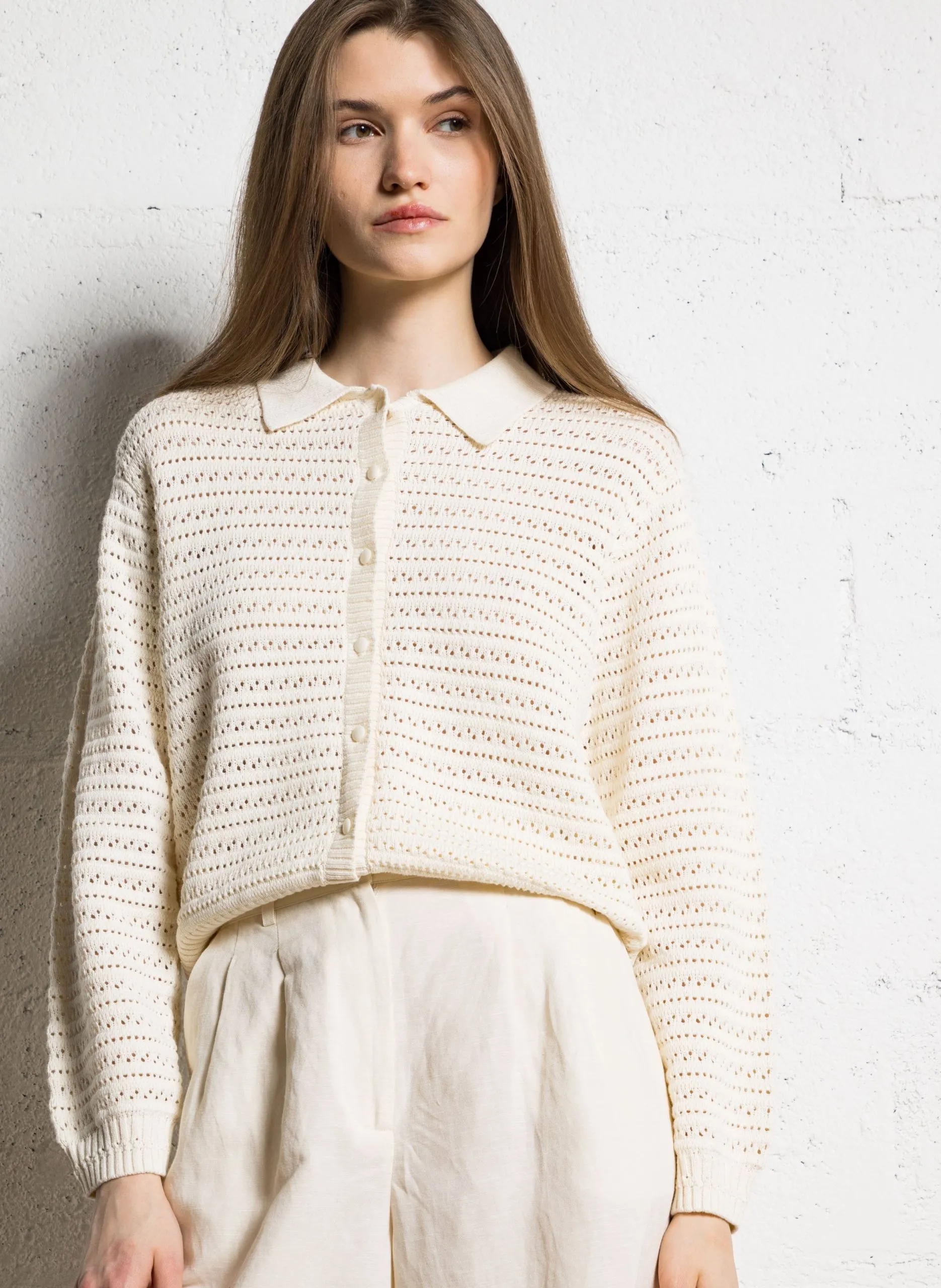 Gilet col polo boutonné en maille ajourée Beige ADRIEN