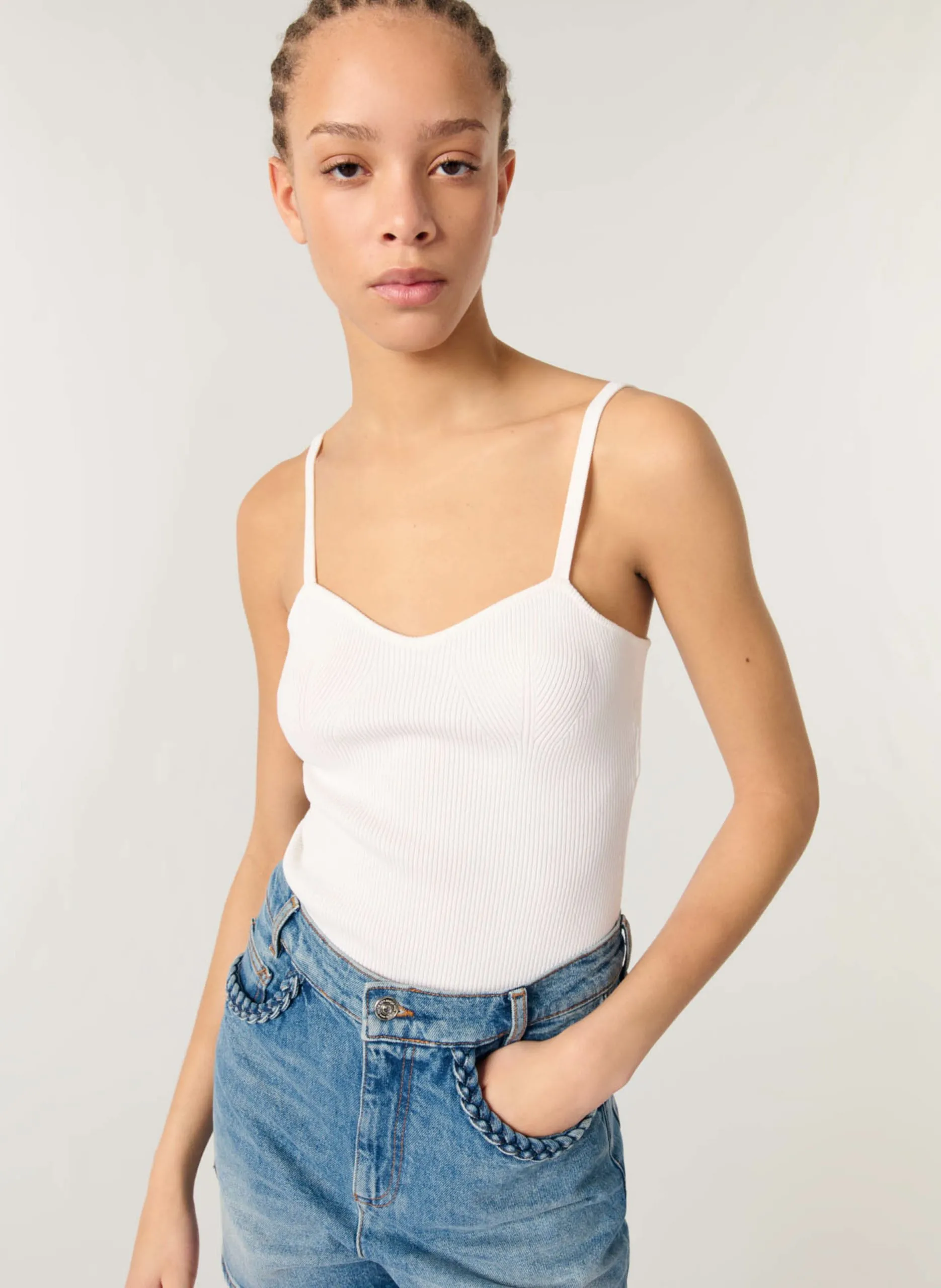 Top ajusté en maille côtelée Blanc