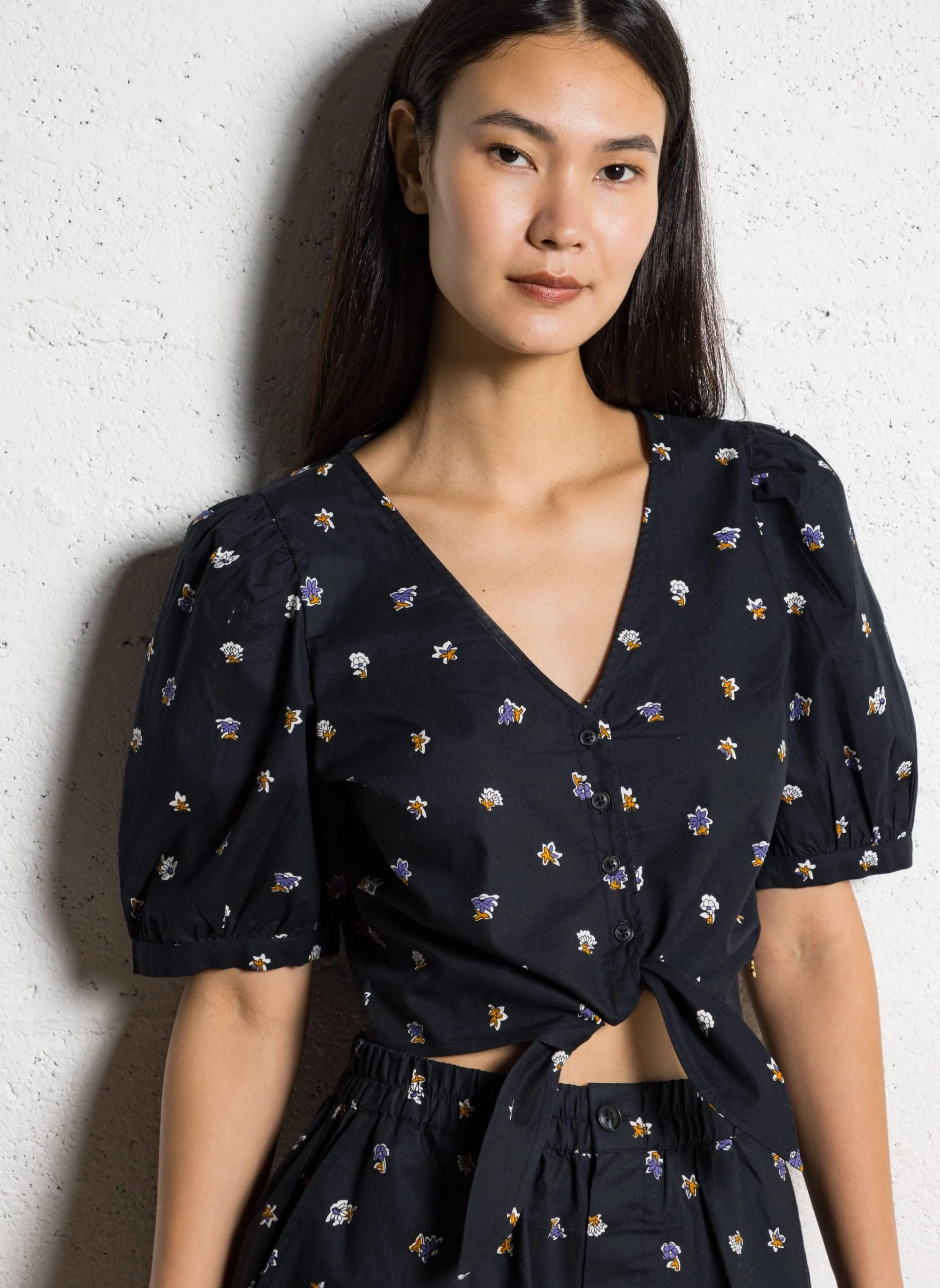 Chemisier court droit col V en coton Bleu SILVIO