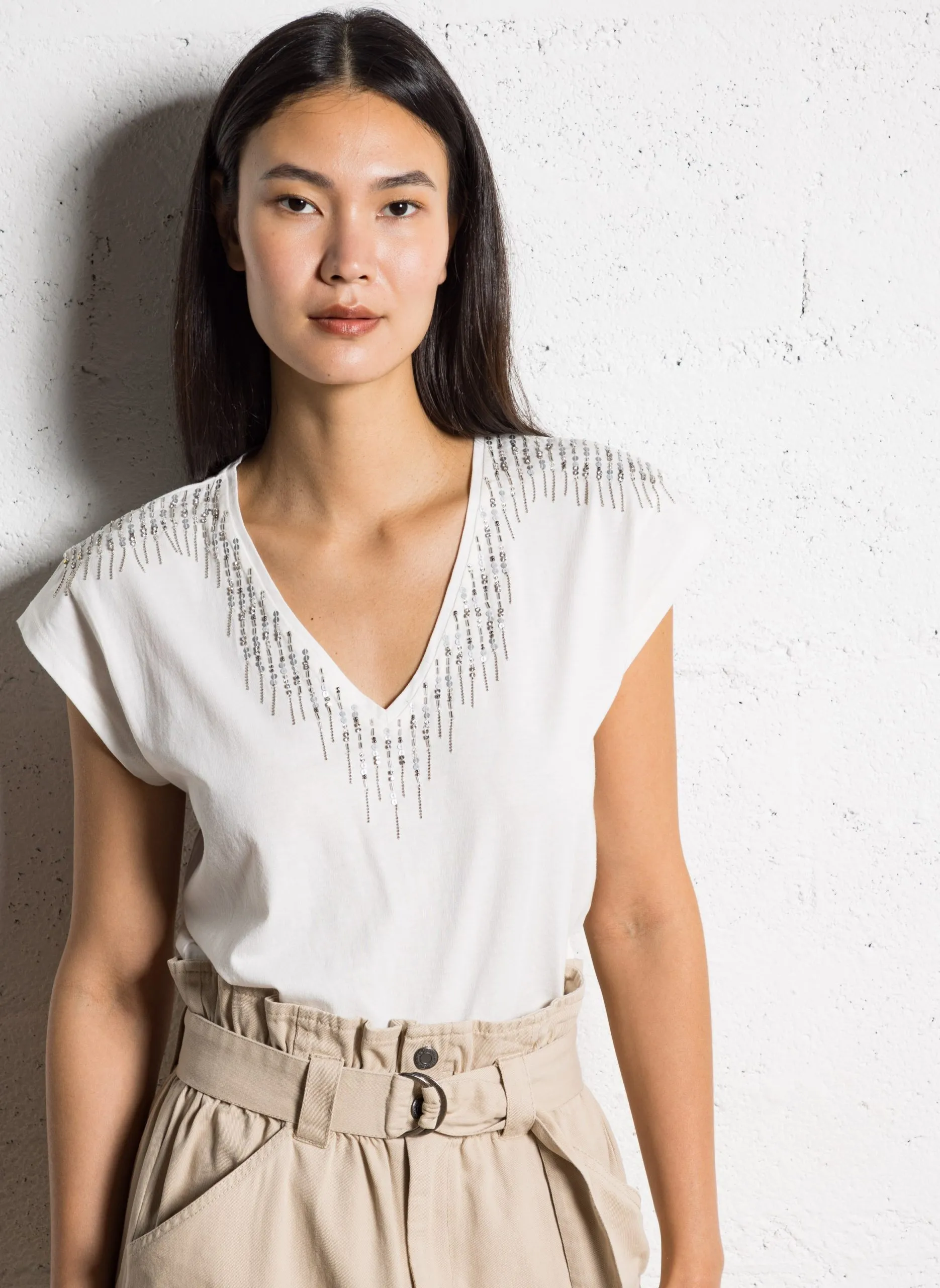 Tee-shirt col v avec perles et sequins Blanc