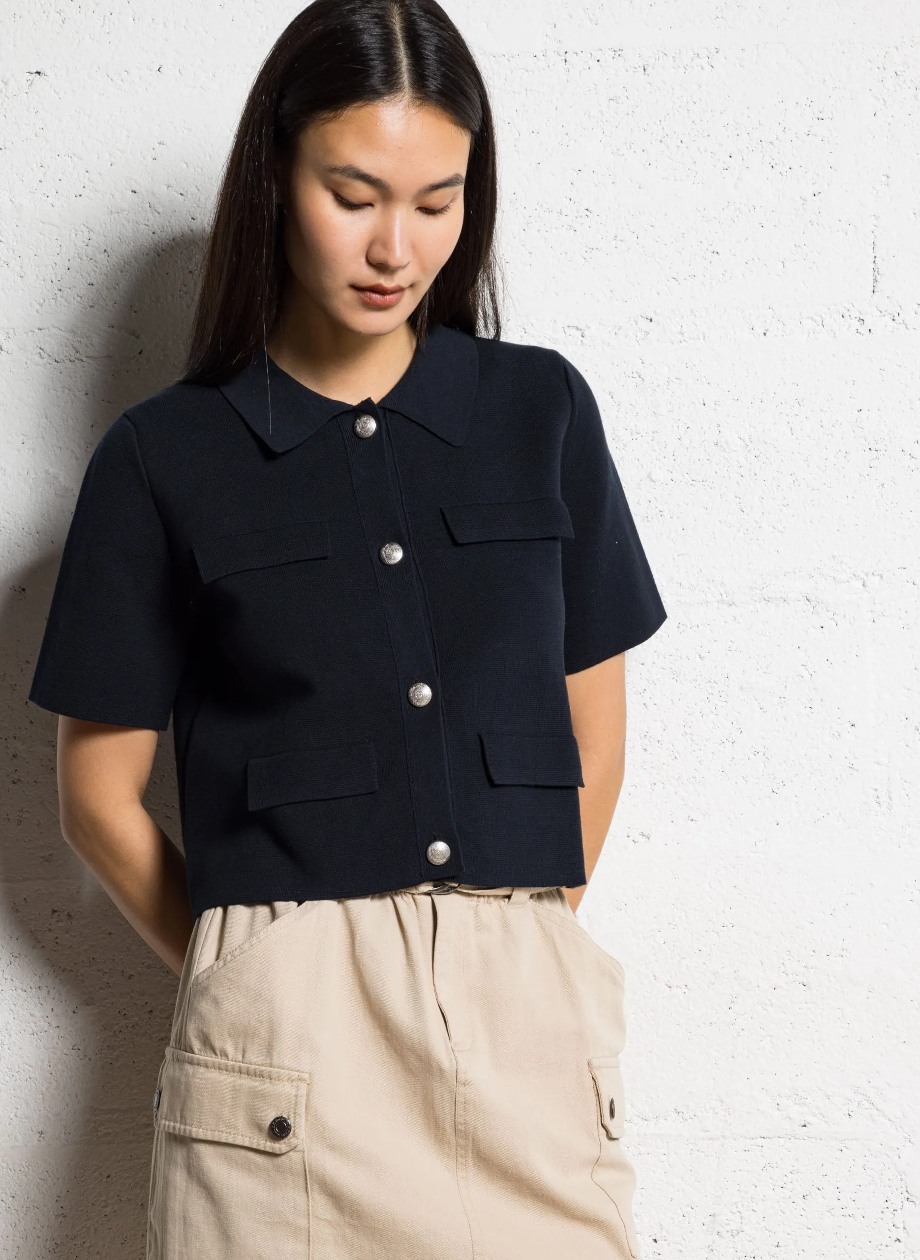 Cardigan court boutonné en coton Bleu