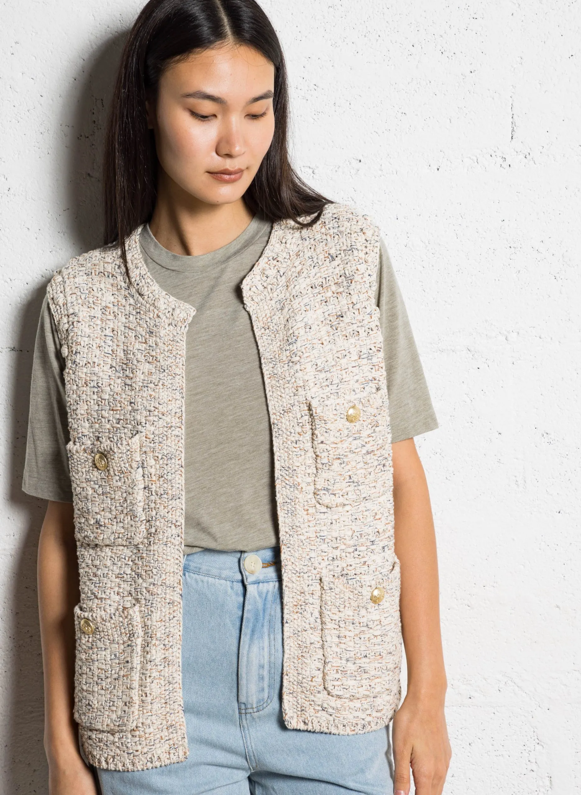 Gilet sans manches à poches Beige STEFFIE