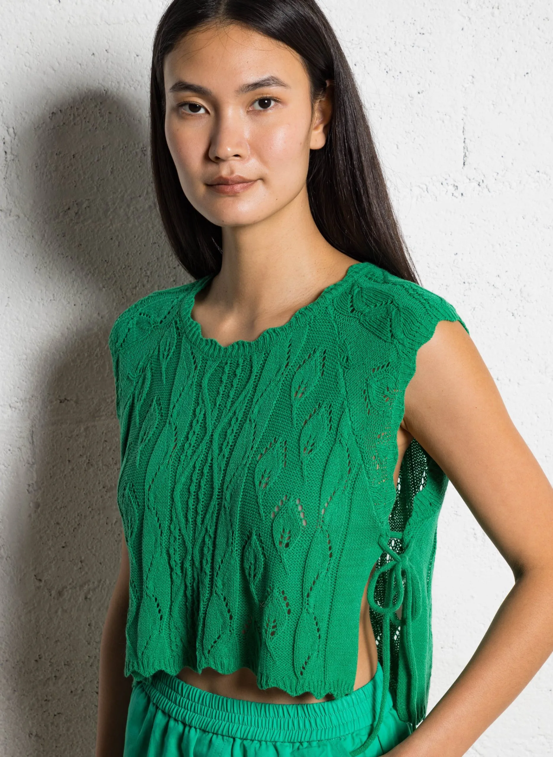 Top col rond en maille Vert