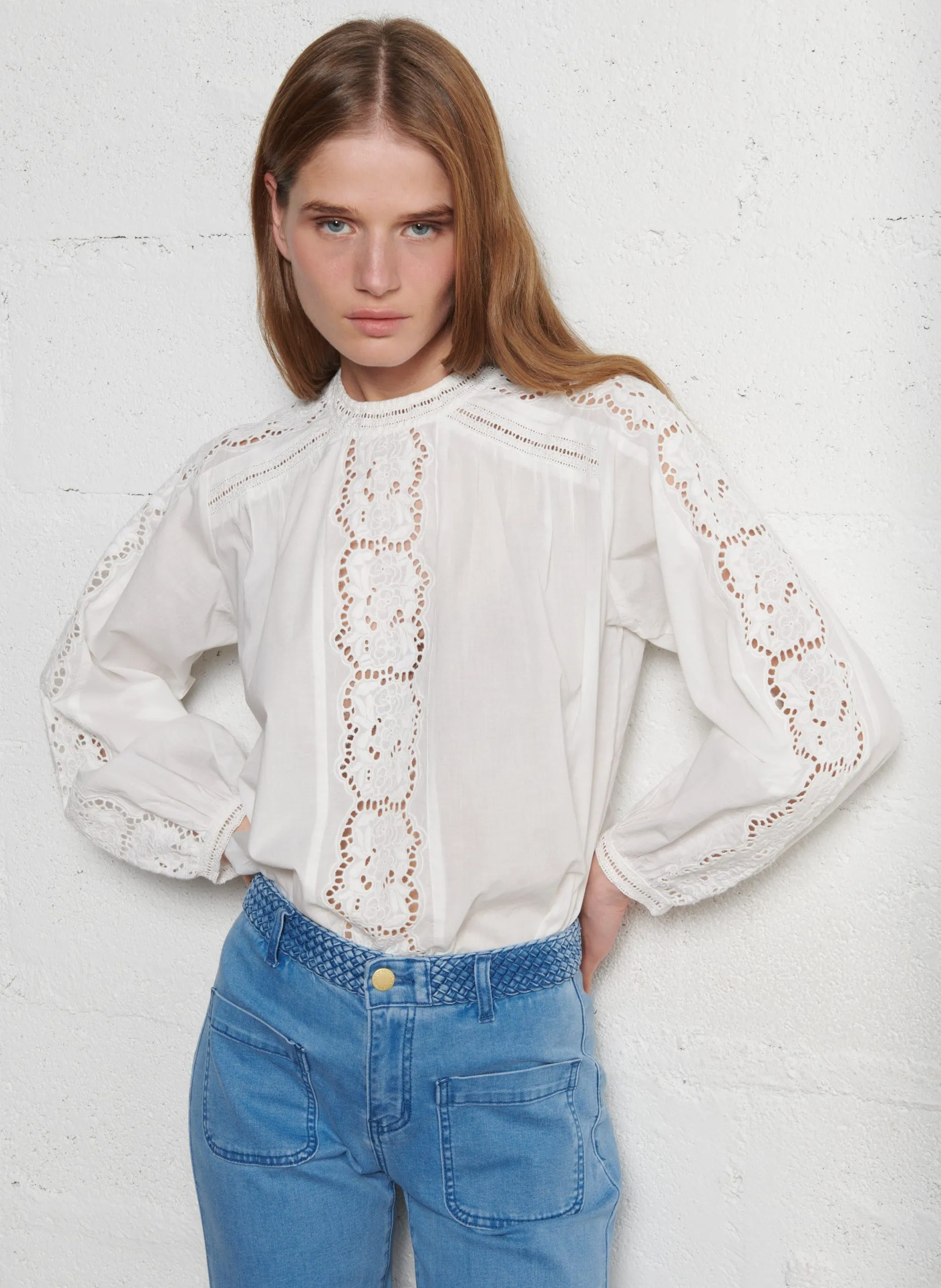 Blouse ample col montant en coton Beige BETTY