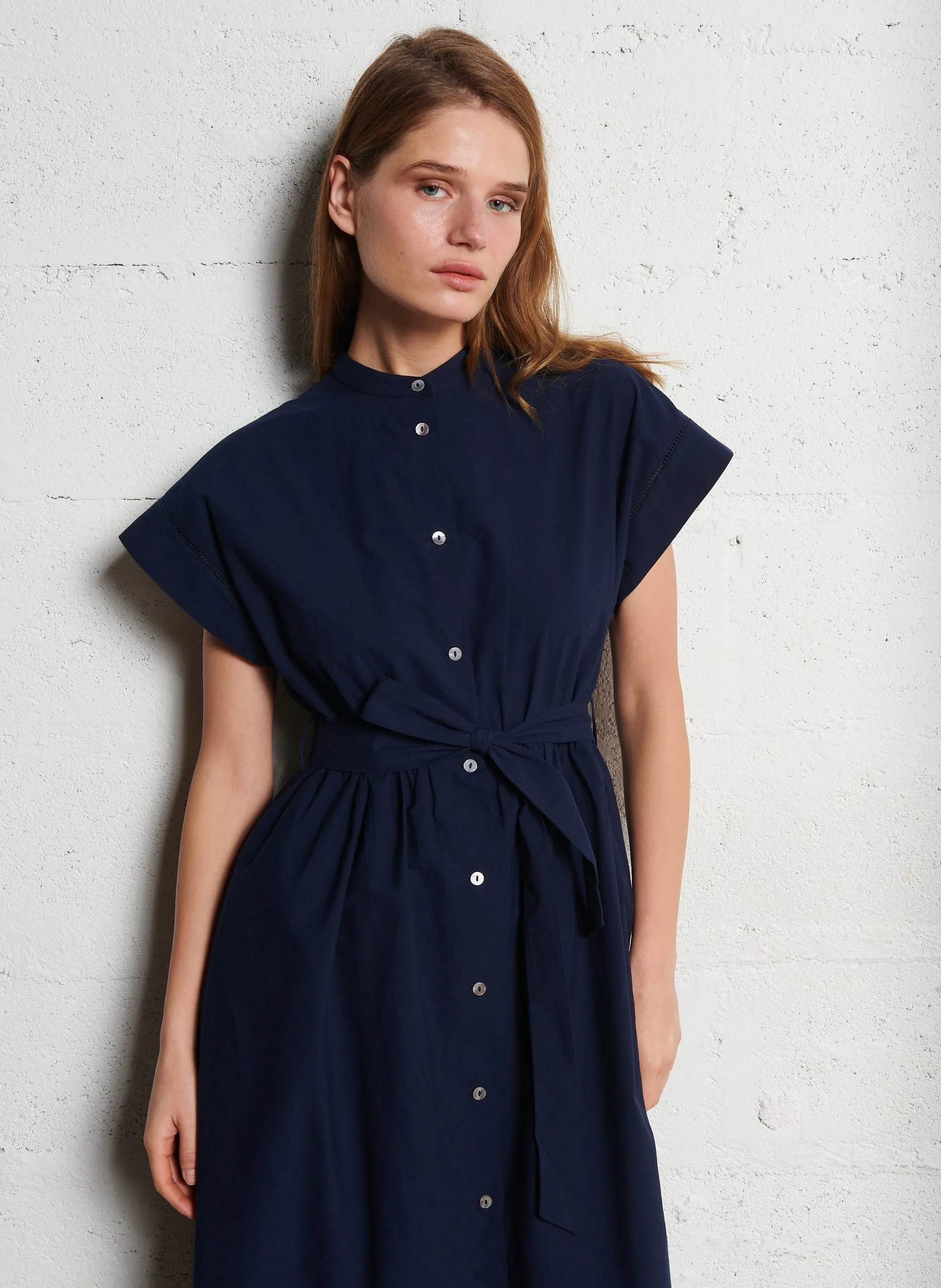 Robe midi col rnond en coton organique Bleu CEYLAN