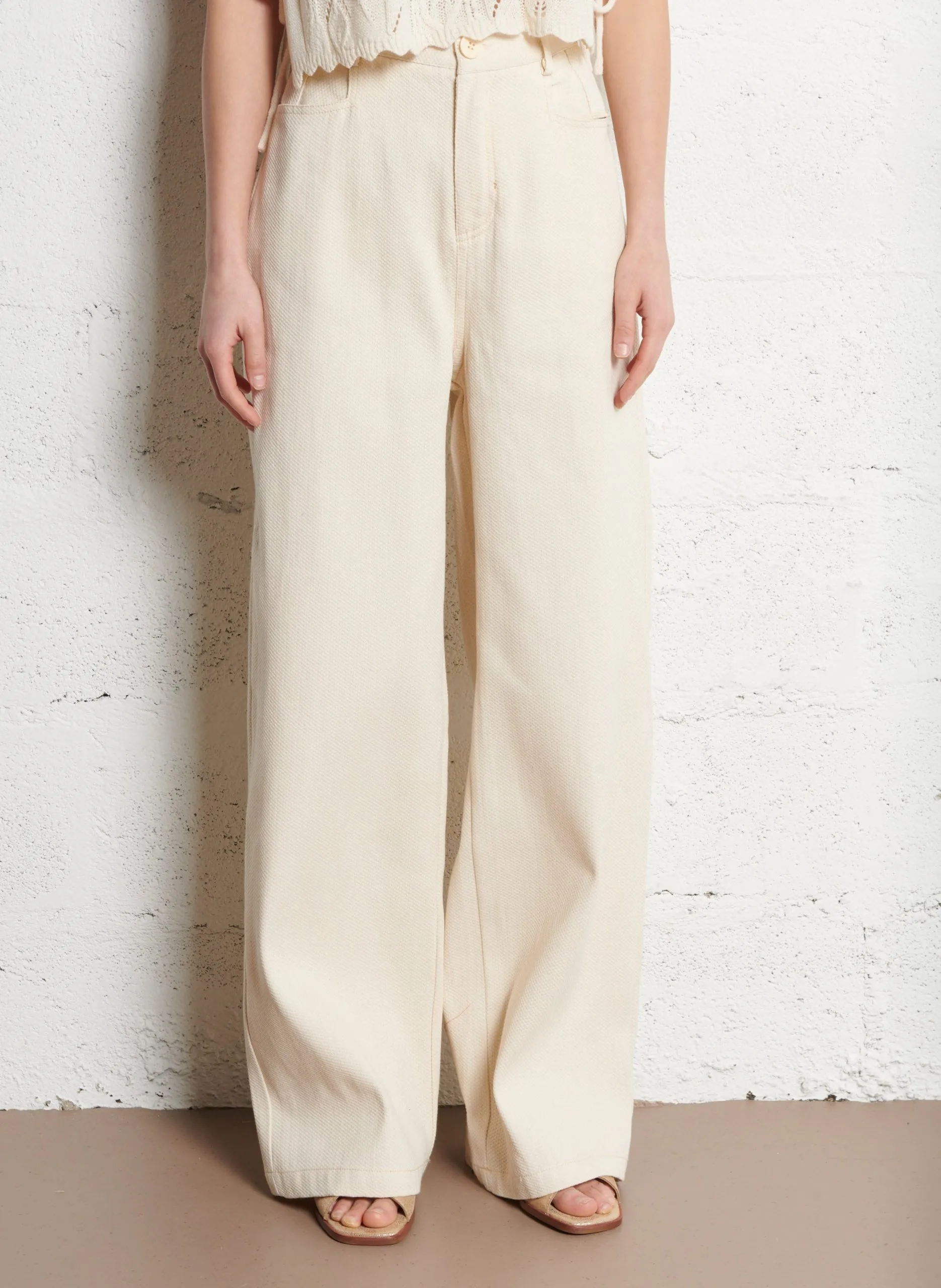 Pantalon large en coton mélangé Beige
