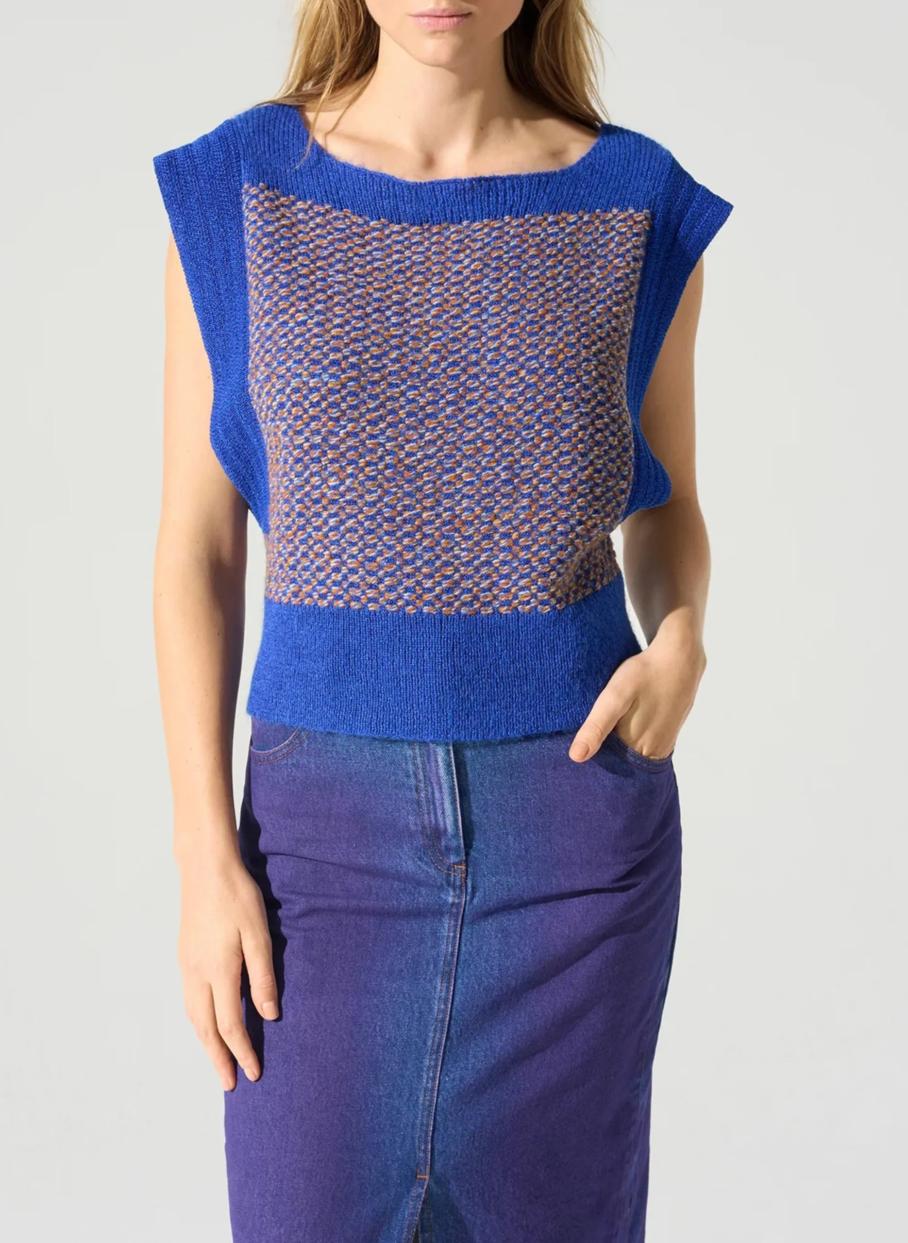 Pull droit col carré Bleu