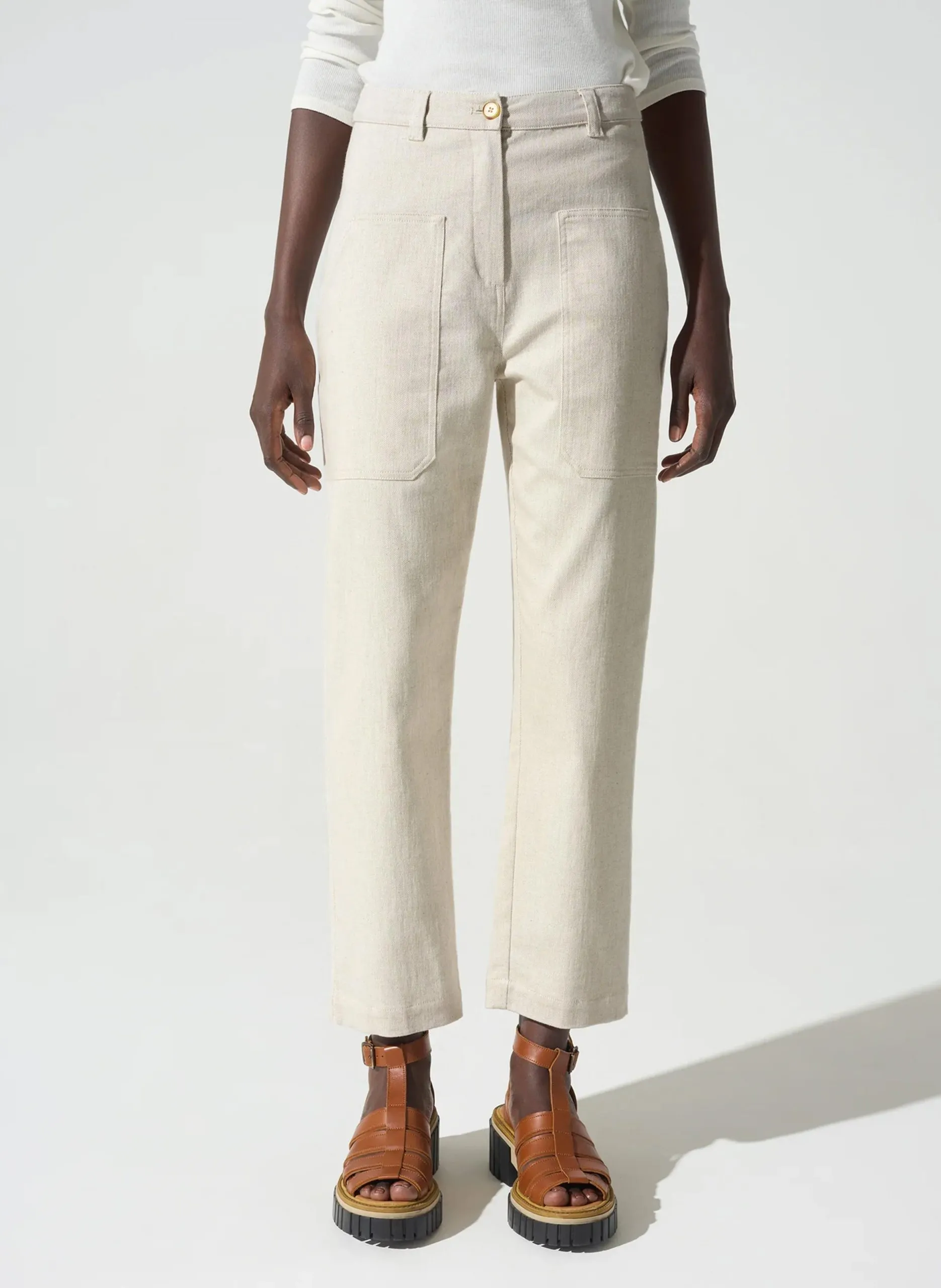 Pantalon droit en coton et lin Blanc