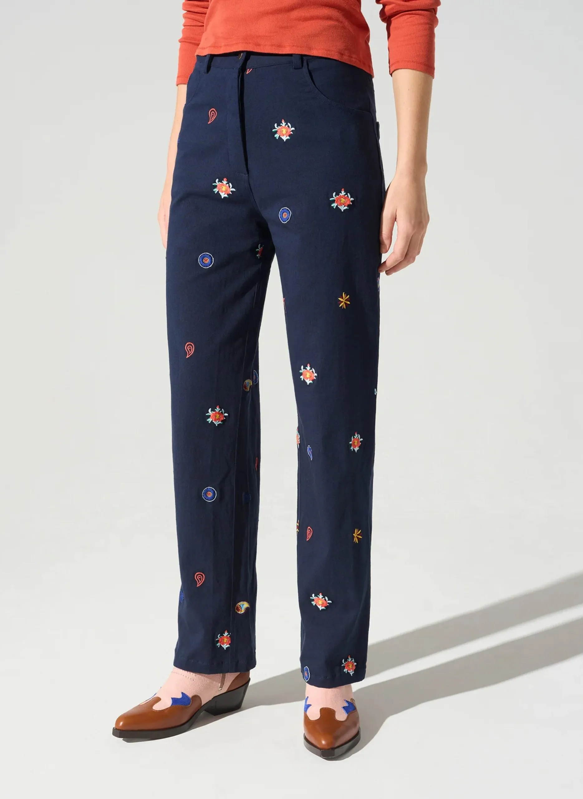 Jean brodé en coton mélangé Bleu