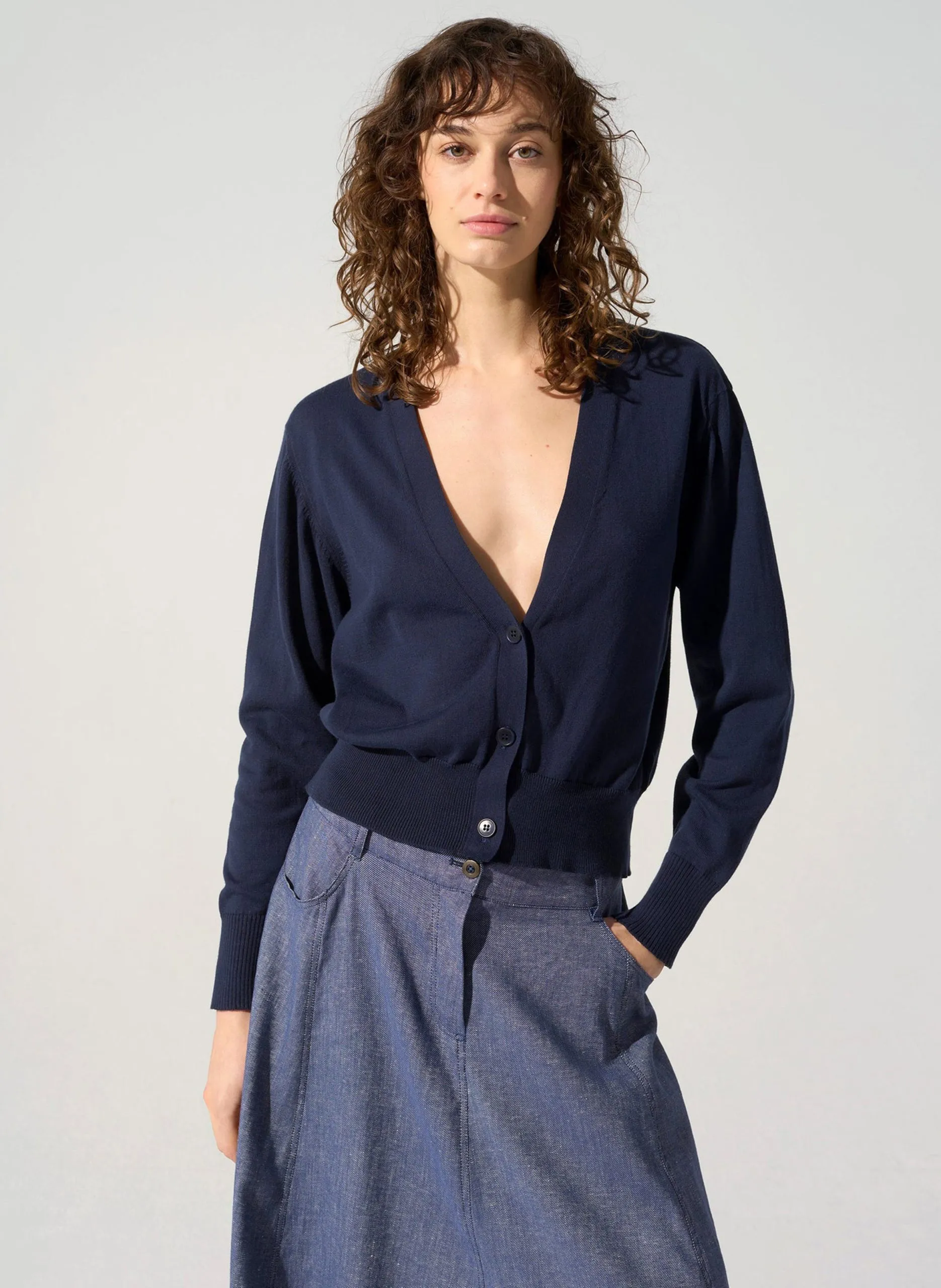 Cardigan droit boutonné en coton Bleu