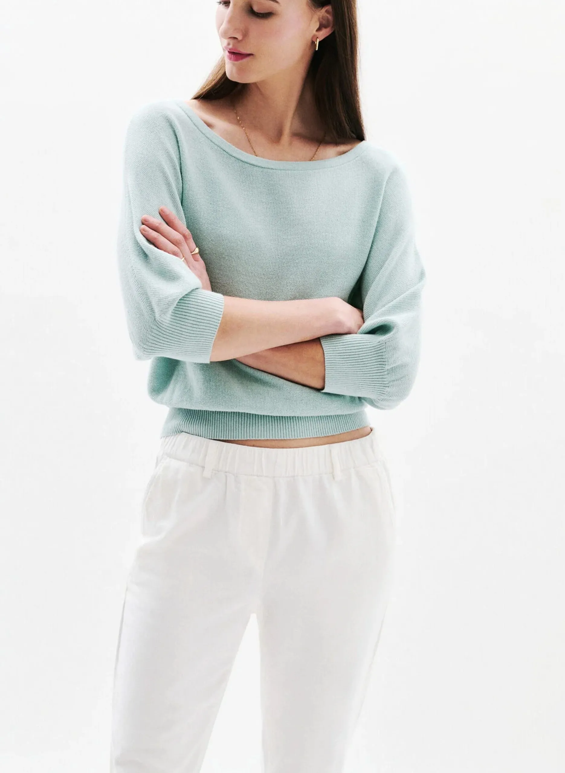 Pull oversize col bateau en coton Vert UK047-JOAN