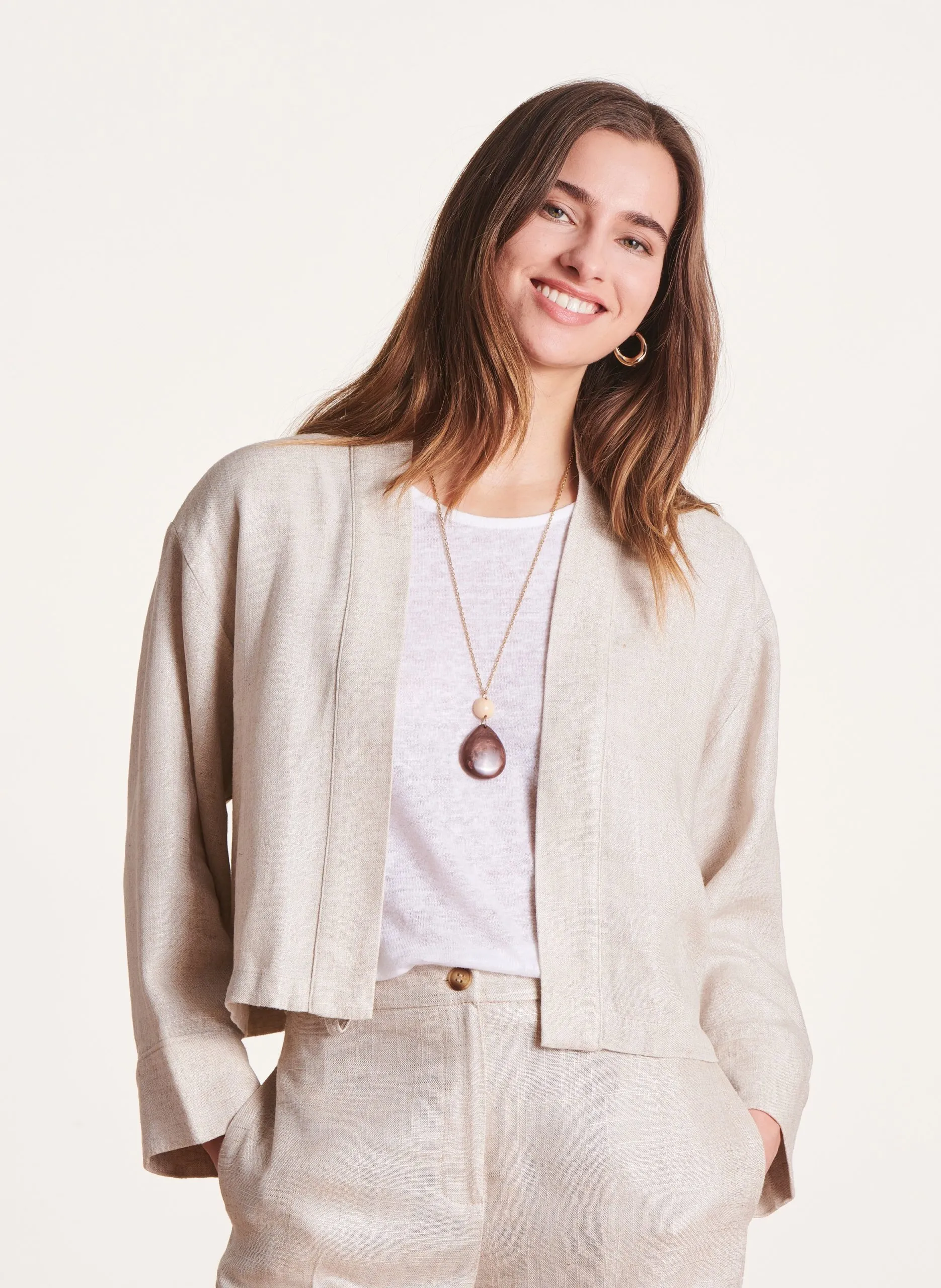 Gilet ouvert à fils métallisés en lin Beige